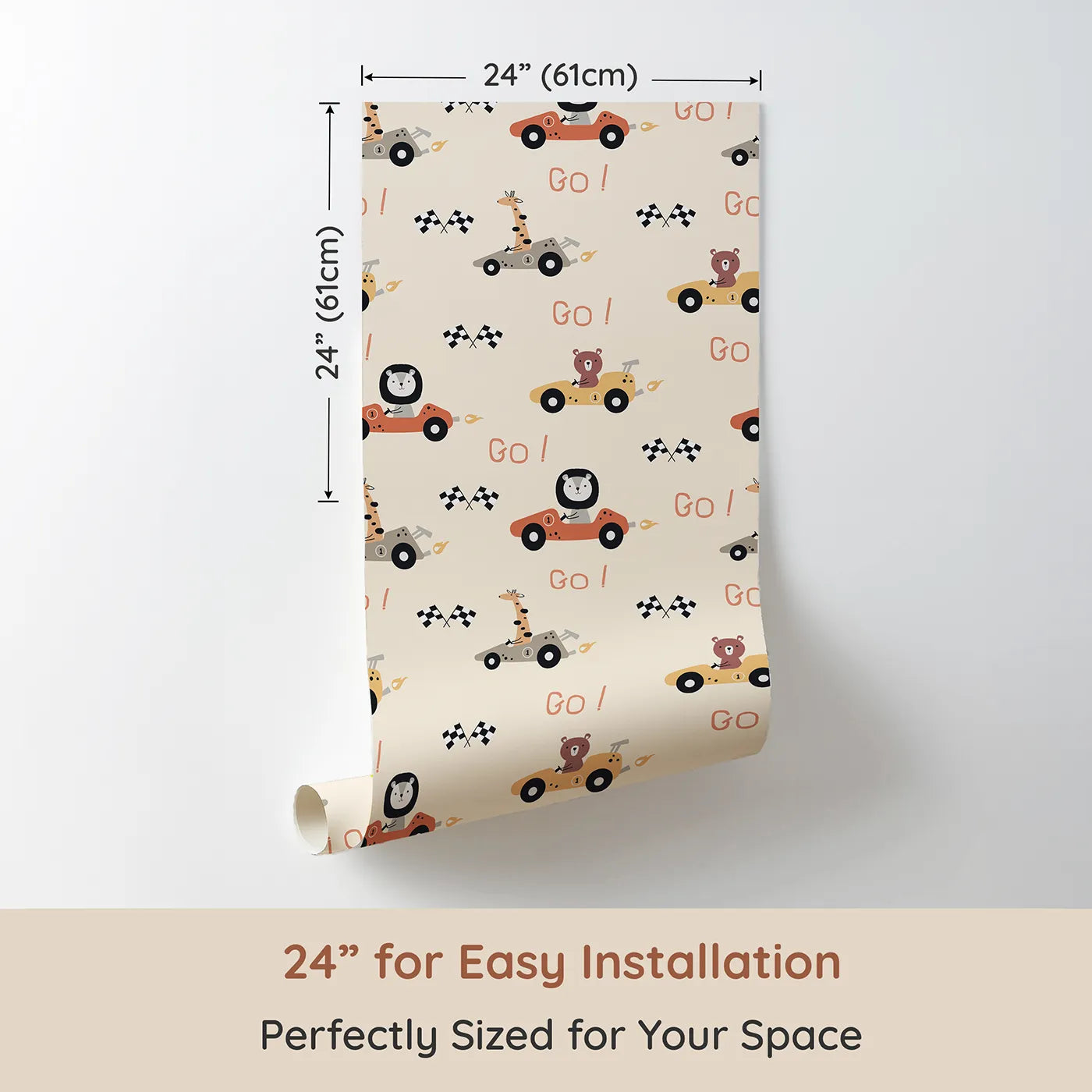 Dimension view of Whimsy Tots Animal Racers Wallpaper in Warm Beige (W3487C). Printed in 24-inch-wide panel for easy installation. Lions, giraffes, and bears race through a cozy beige track of fun.