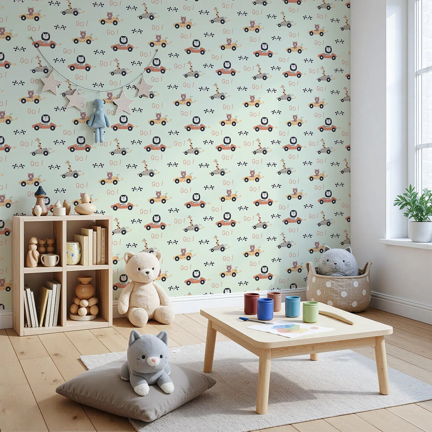 Angled view of Whimsy Tots' Animal Racers Wallpaper in Mint Green (W3487D).Jungle animals speed by in pastel racecars on a minty green track.