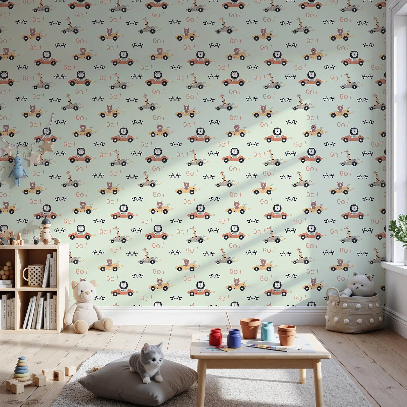 Front view of Whimsy Tots' Animal Racers Wallpaper in Mint Green