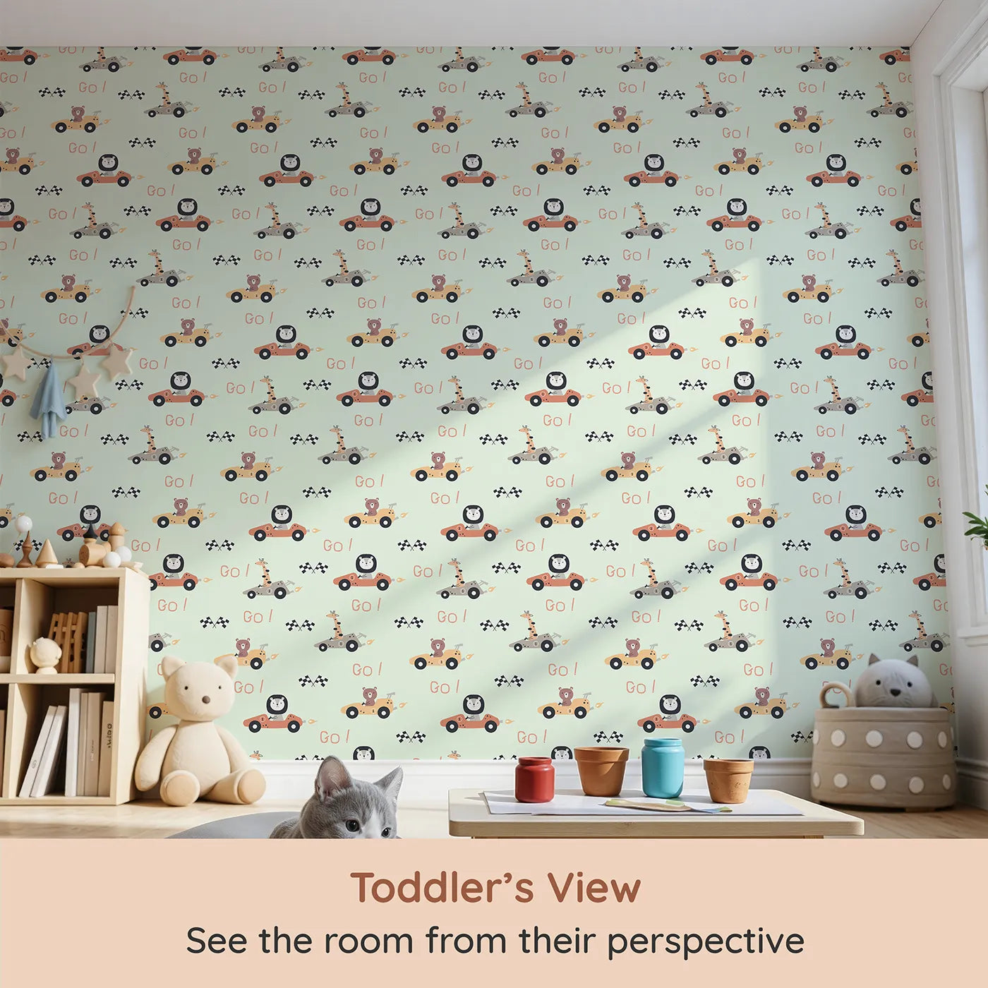 Whimsy Tots Animal Racers Wallpaper in Mint Green (W3487D) from your child's view.Jungle animals speed by in pastel racecars on a minty green track.