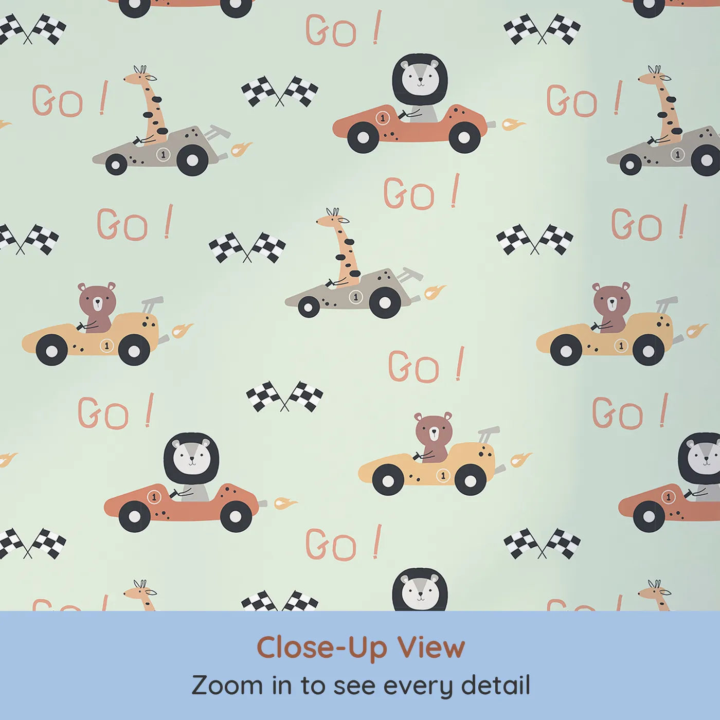 Close-up view of Whimsy Tots' Animal Racers Wallpaper in Mint Green (W3487D).Jungle animals speed by in pastel racecars on a minty green track.