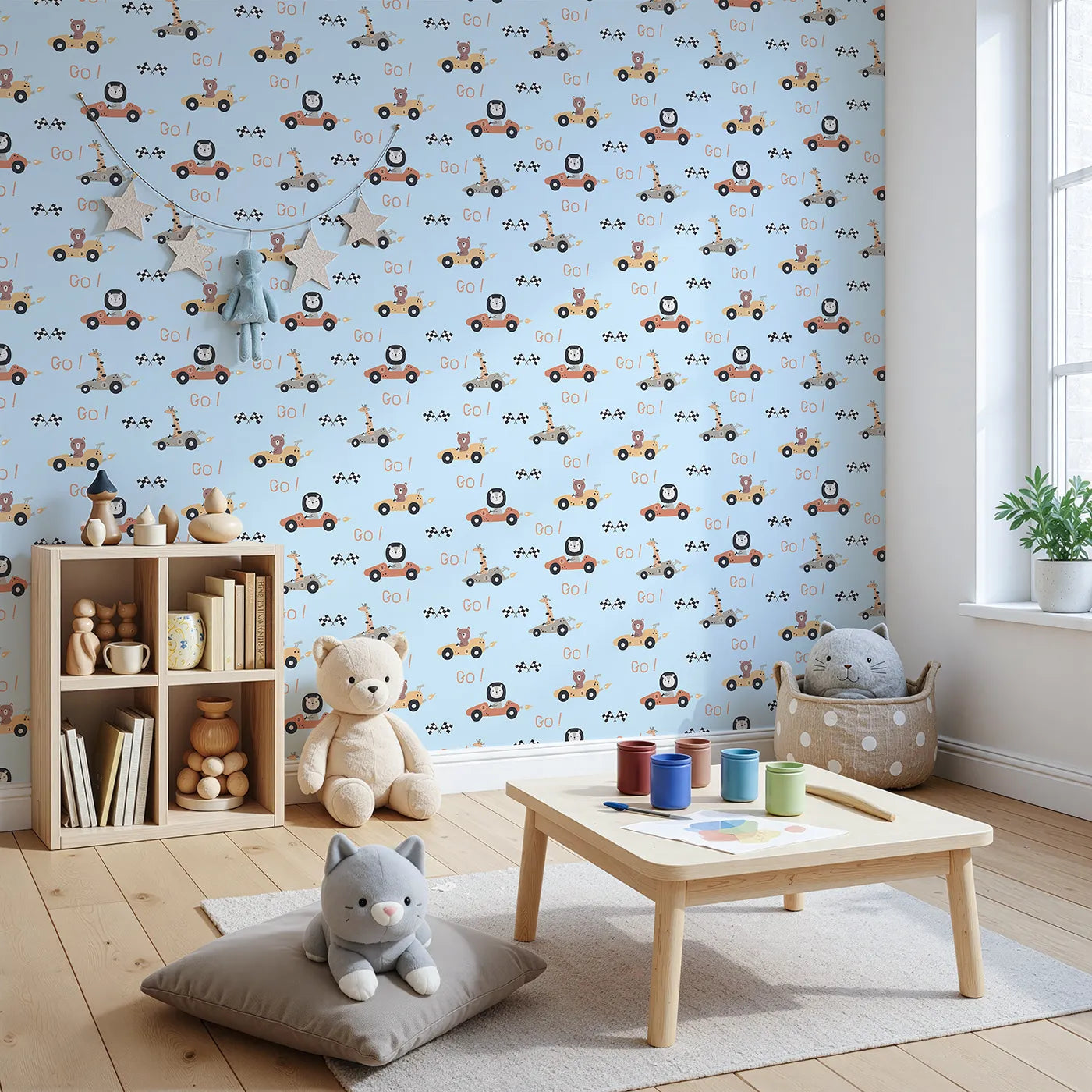 Angled view of Whimsy Tots' Animal Racers Wallpaper in Sky Blue (W3487E).Giraffes, bears, and lions race joyfully across a cool blue track.