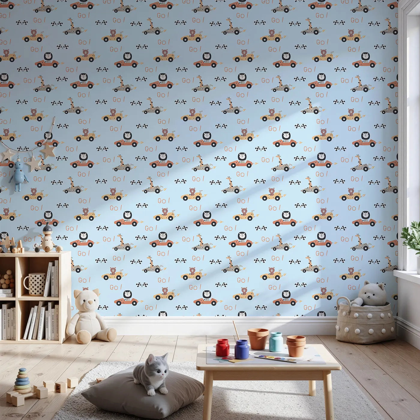 Front view of Whimsy Tots' Animal Racers Wallpaper in Sky Blue
