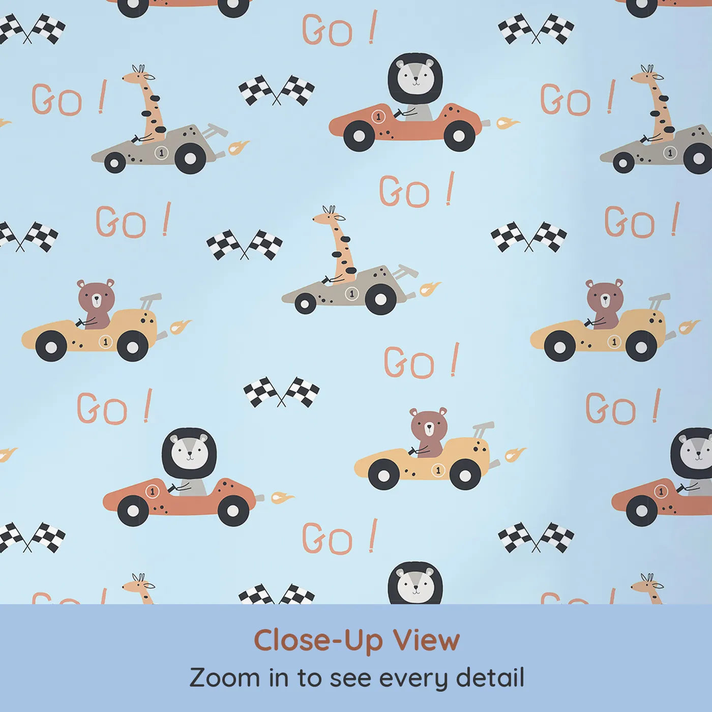 Close-up view of Whimsy Tots' Animal Racers Wallpaper in Sky Blue (W3487E).Giraffes, bears, and lions race joyfully across a cool blue track.