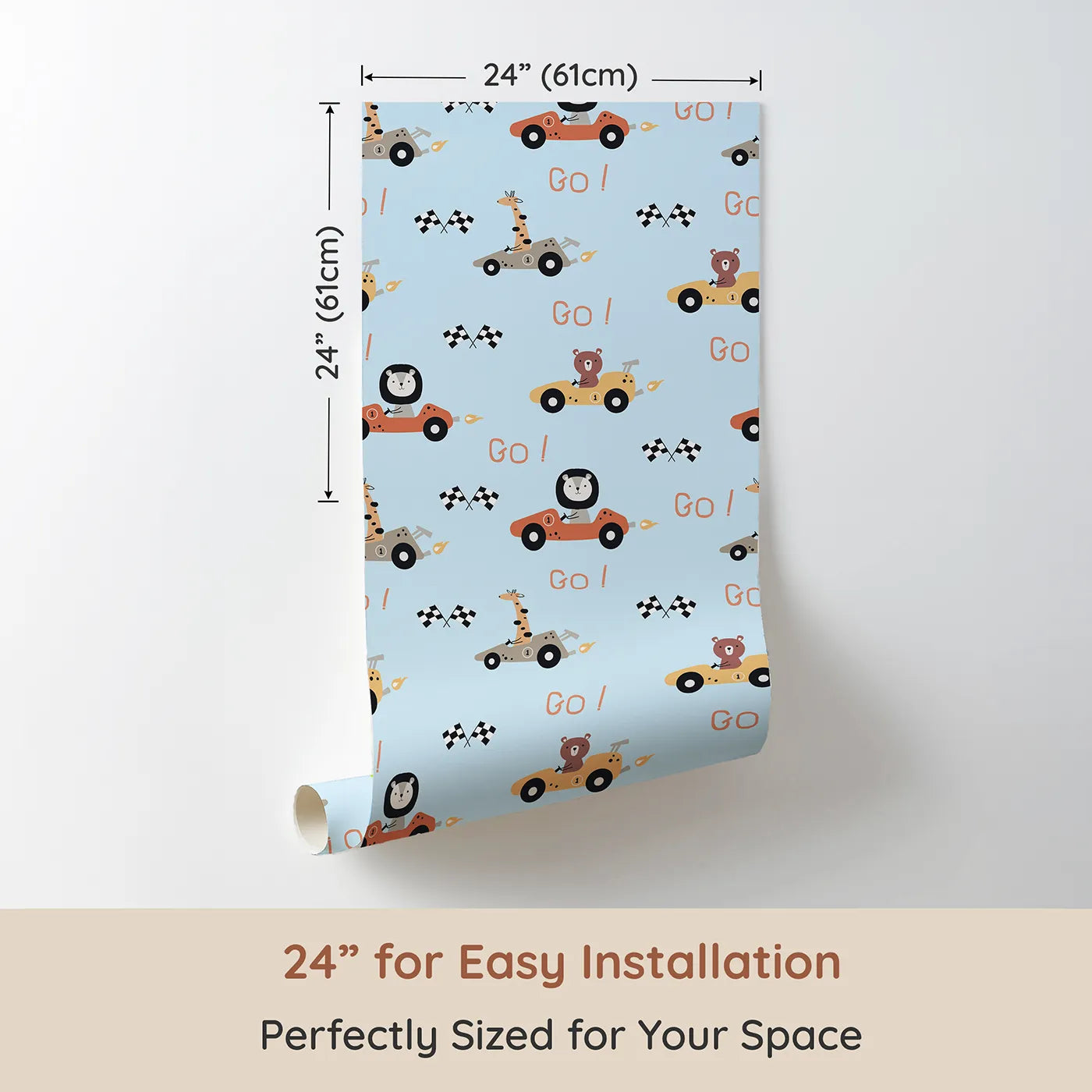 Dimension view of Whimsy Tots Animal Racers Wallpaper in Sky Blue (W3487E). Printed in 24-inch-wide panel for easy installation. Giraffes, bears, and lions race joyfully across a cool blue track.