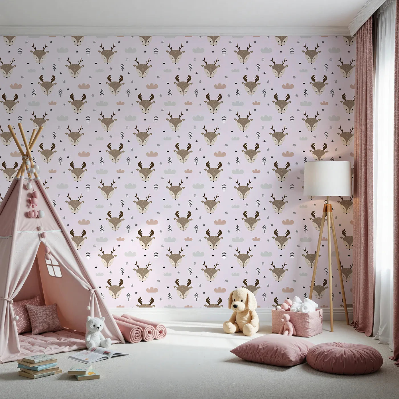 Front view of Whimsy Tots' Woodland Deer Wallpaper in Blush Pink