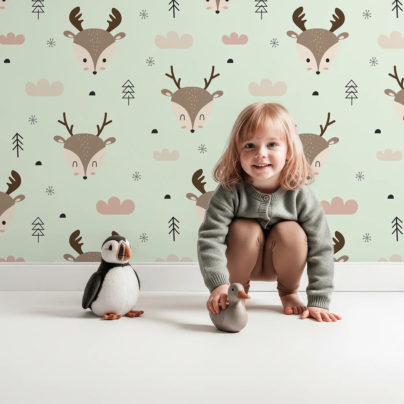 Lovely child standing in front of Whimsy Tots Woodland Deer Wallpaper in Mint Green with deer, cloud, tree, snowflake in design.