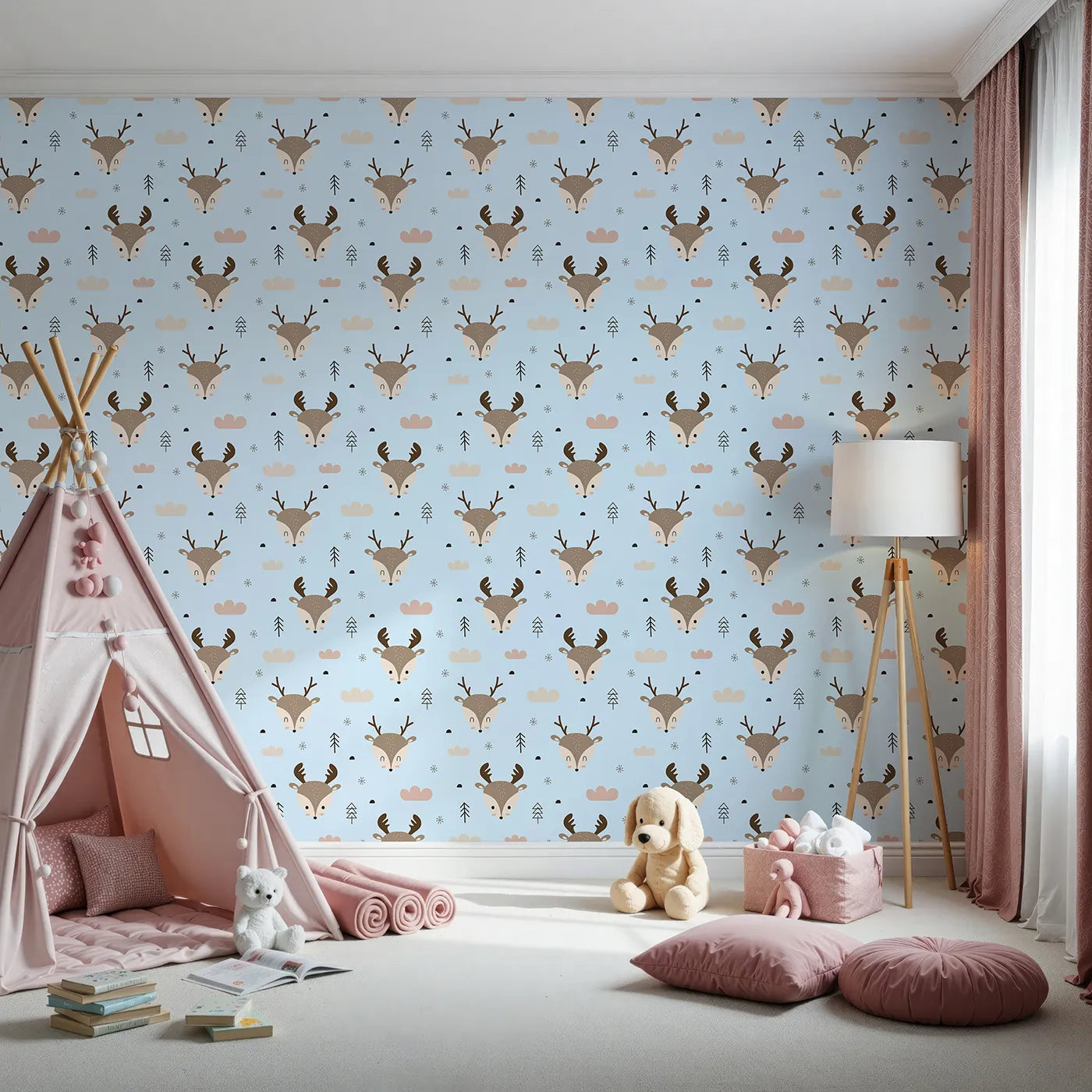Front view of Whimsy Tots' Woodland Deer Wallpaper in Sky Blue