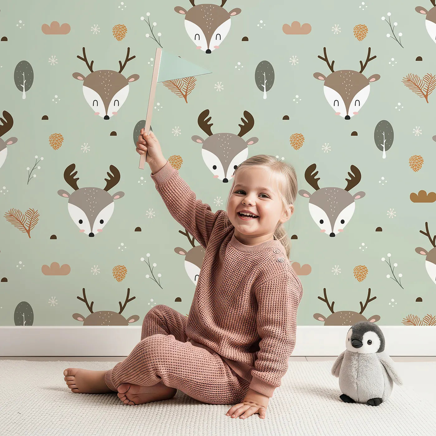Lovely child standing in front of Whimsy Tots Forest Forager Deer Wallpaper in Sage Green with deer, pinecone, tree, snowflake, berry in design.