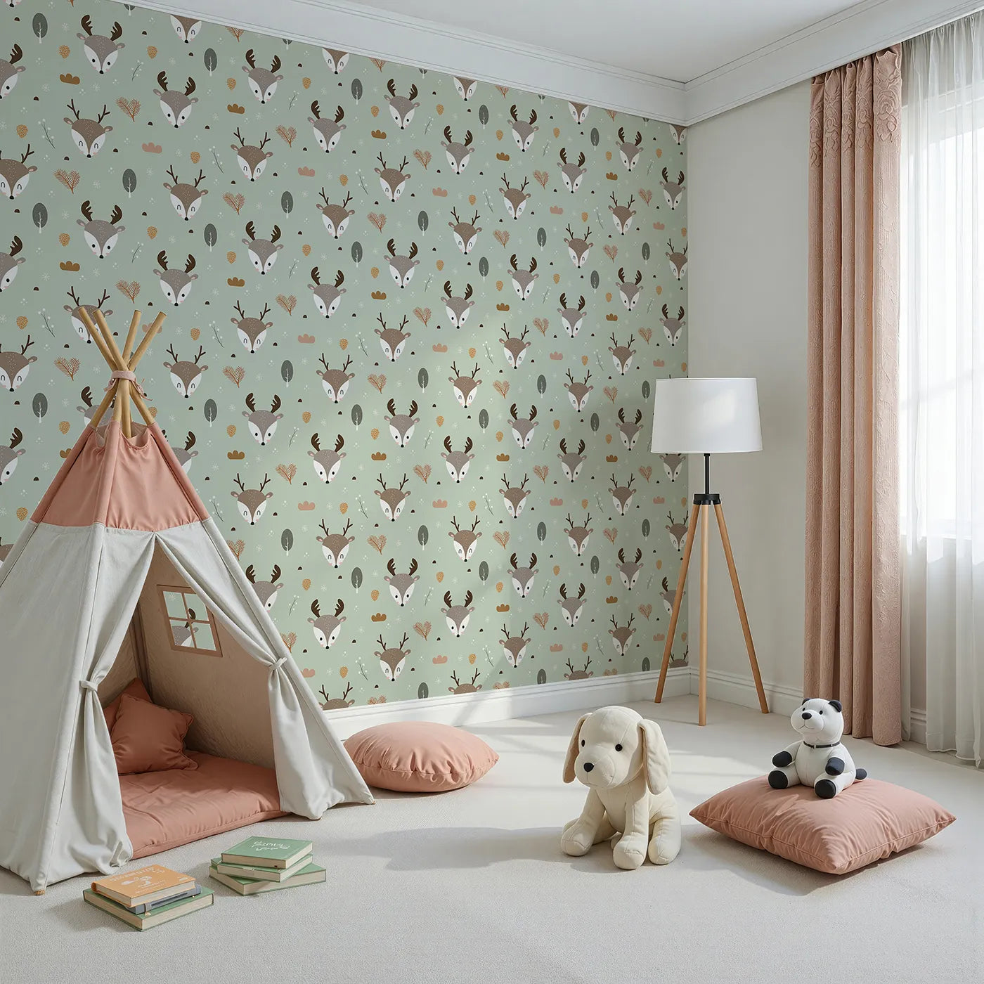 Angled view of Whimsy Tots' Forest Forager Deer Wallpaper in Sage Green (W3490C).Deer and forest treasures scatter across a sage green sky.