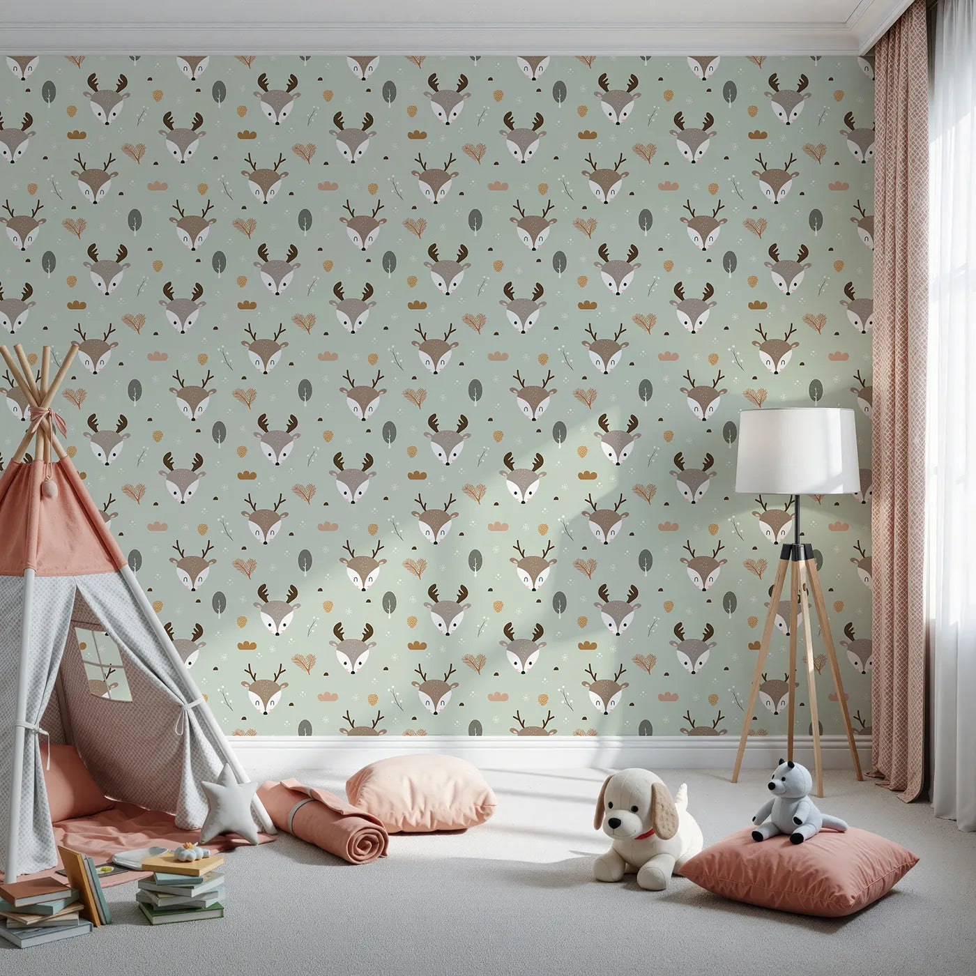 Front view of Whimsy Tots' Forest Forager Deer Wallpaper in Sage Green