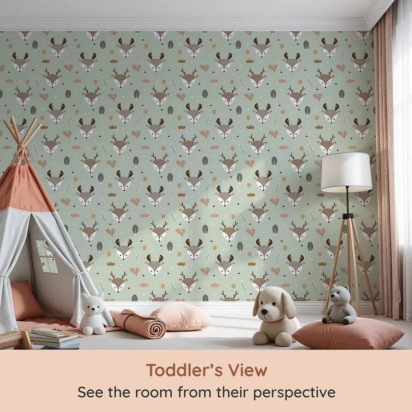 Whimsy Tots Forest Forager Deer Wallpaper in Sage Green (W3490C) from your child's view.Deer and forest treasures scatter across a sage green sky.