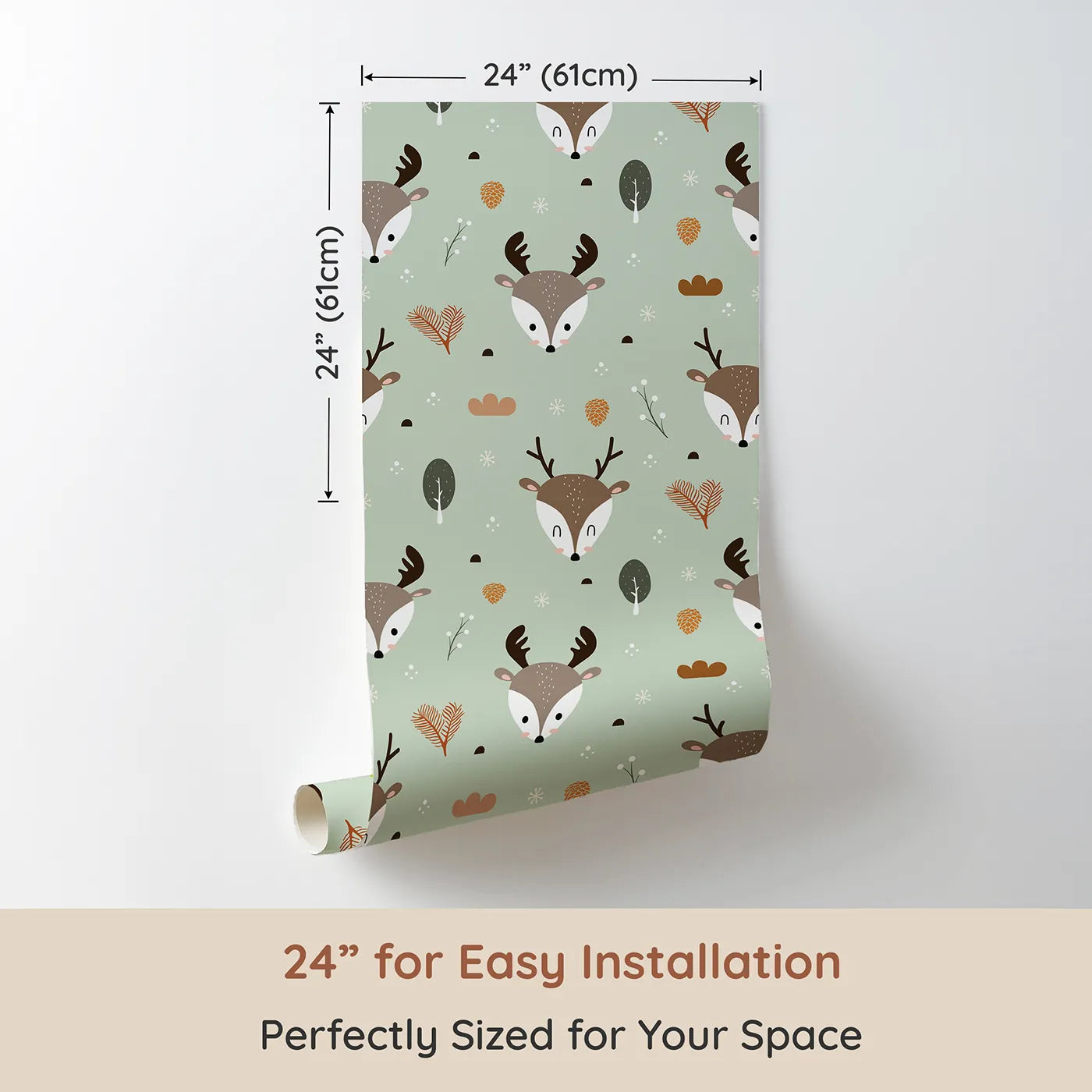 Dimension view of Whimsy Tots Forest Forager Deer Wallpaper in Sage Green (W3490C). Printed in 24-inch-wide panel for easy installation. Deer and forest treasures scatter across a sage green sky.