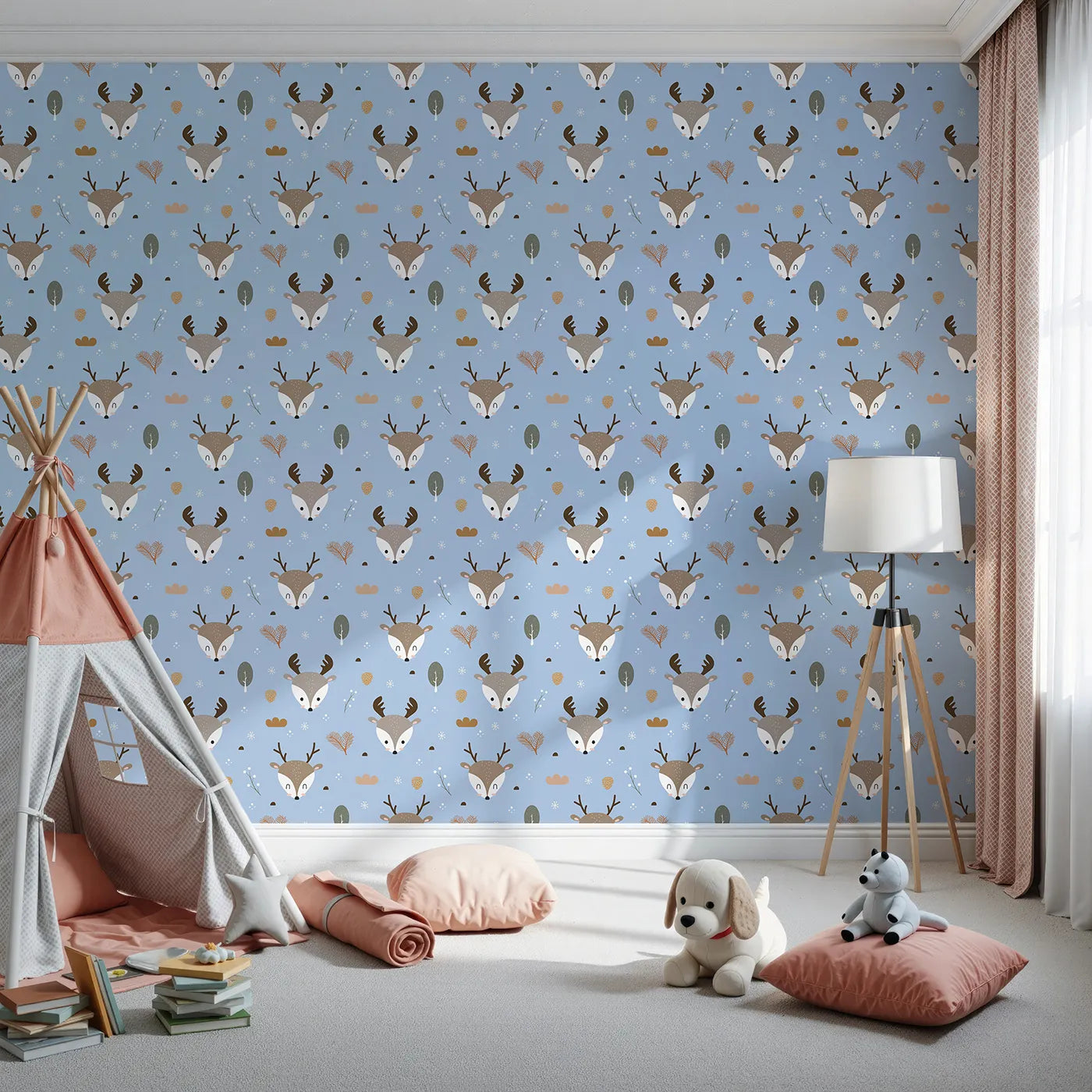Front view of Whimsy Tots' Forest Forager Deer Wallpaper in Sky Blue