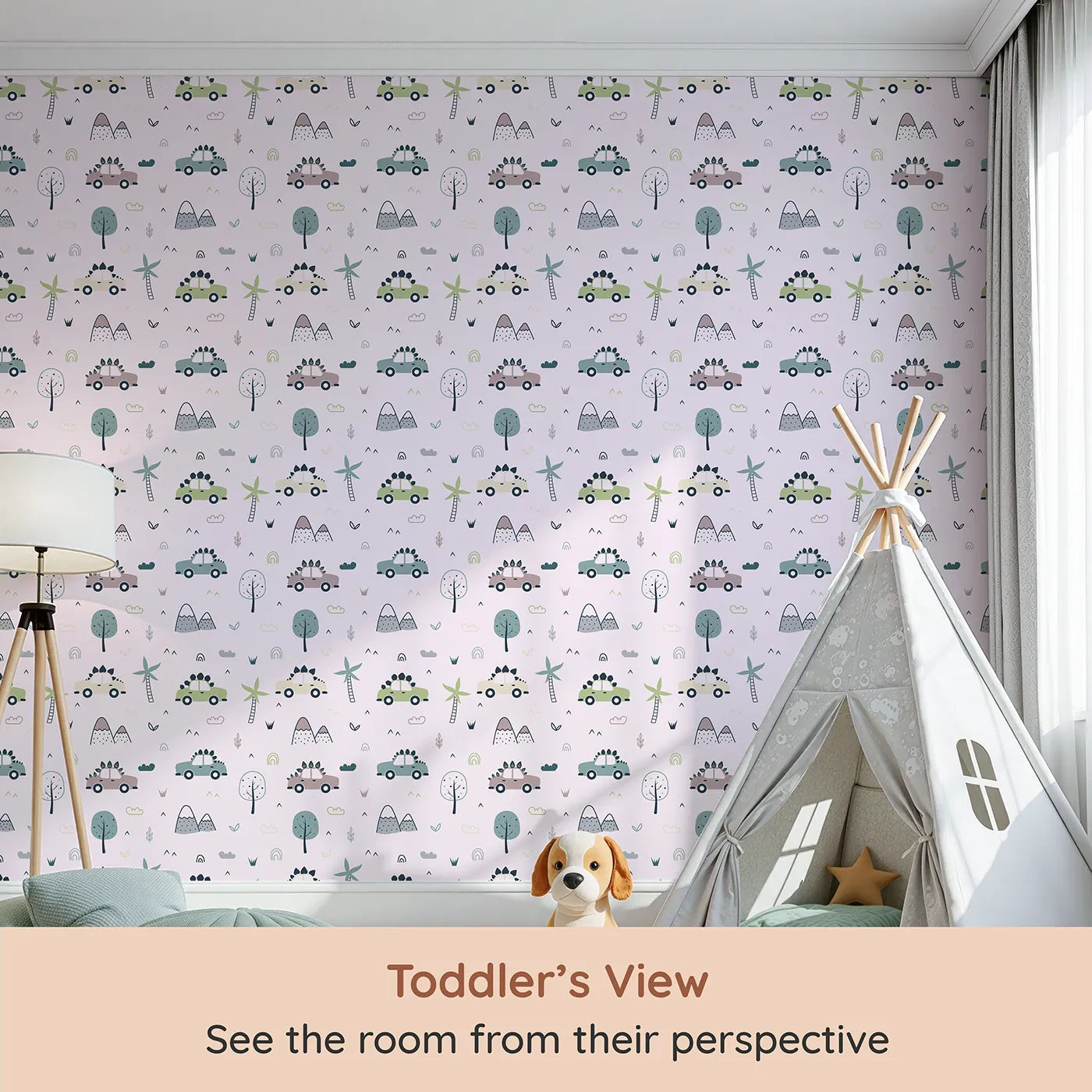 Whimsy Tots Dino Drivers Parade Wallpaper in Blush Pink (W3491B) from your child's view.Dino-spiked cars explore a soft pink world full of trees and tiny hills.
