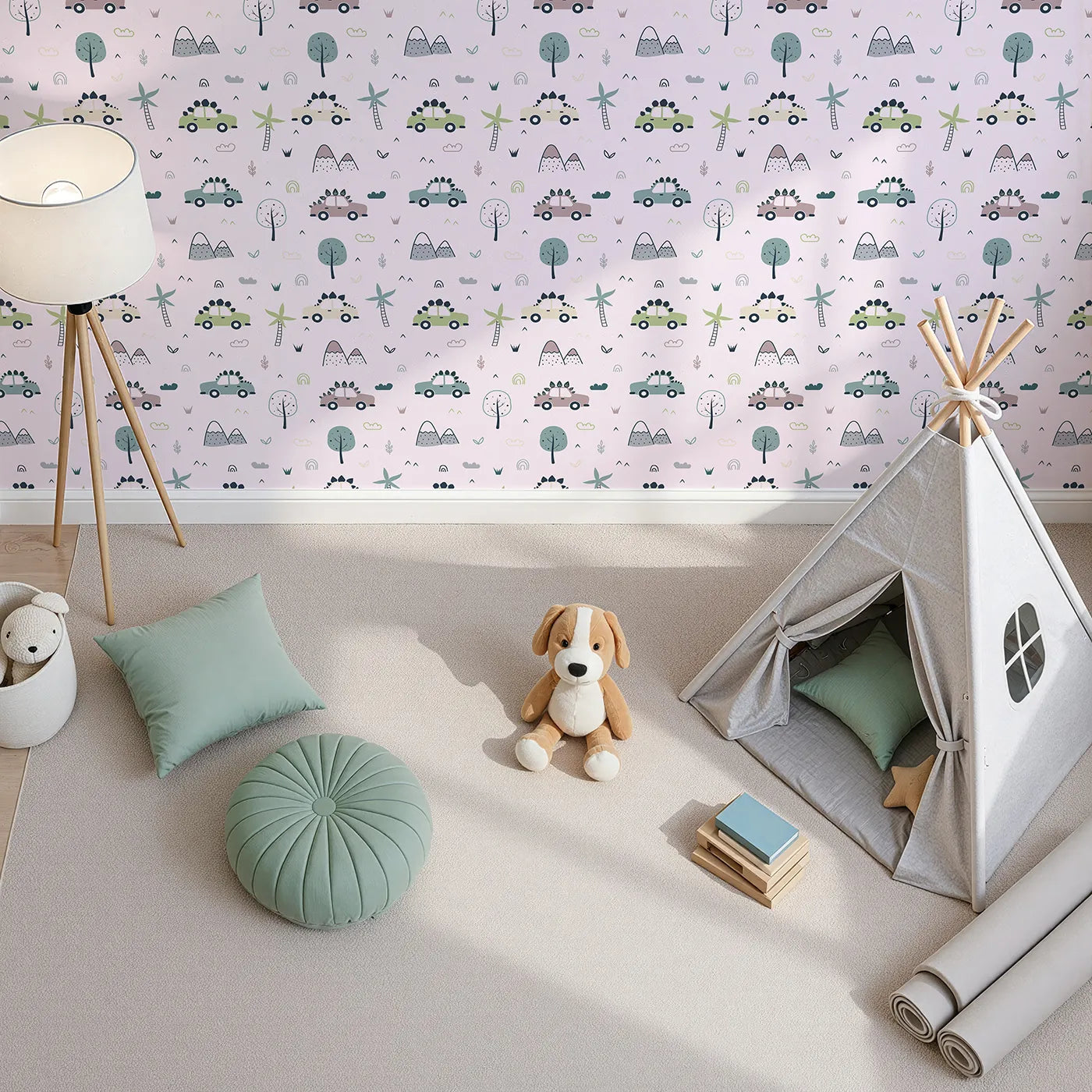 Top-Down view of Whimsy Tots' Dino Drivers Parade Wallpaper in Blush Pink (W3491B).Dino-spiked cars explore a soft pink world full of trees and tiny hills.