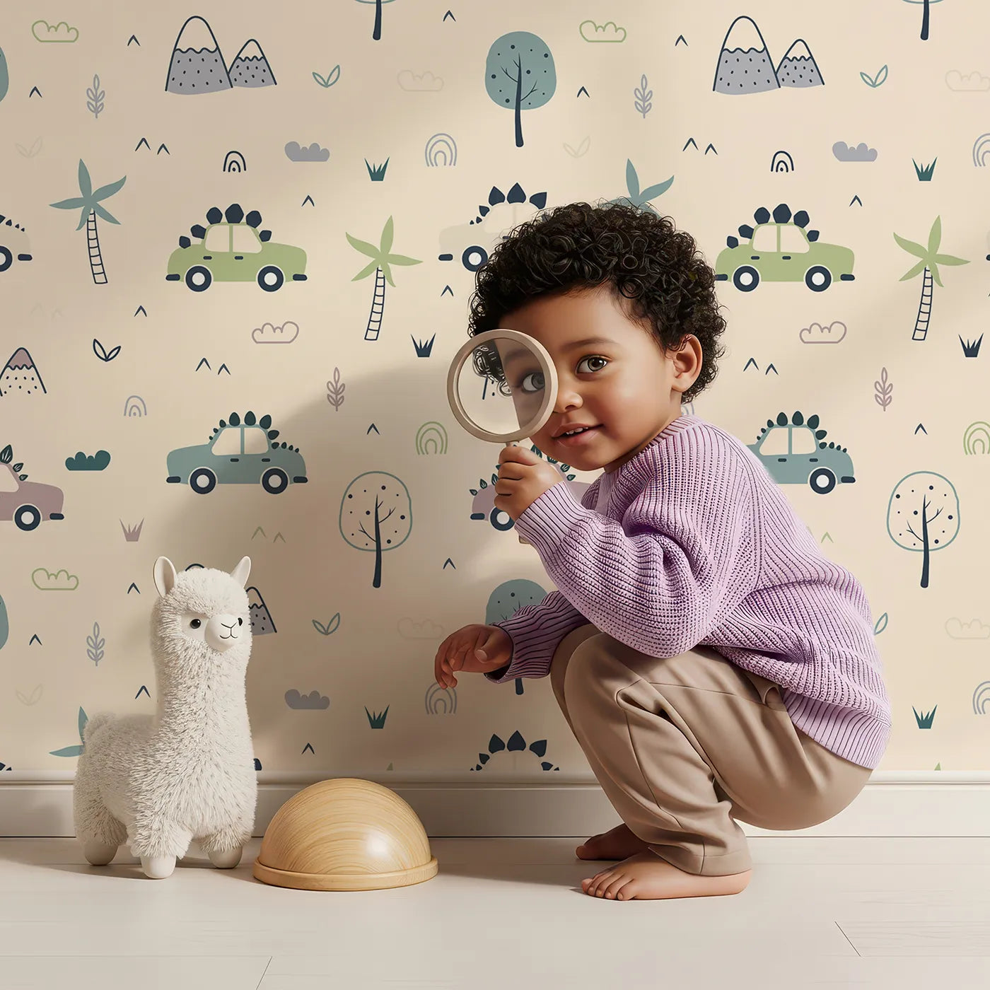 Lovely child standing in front of Whimsy Tots Dino Drivers Parade Wallpaper in Cream with dinosaur, car, tree, rainbow, mountain in design.