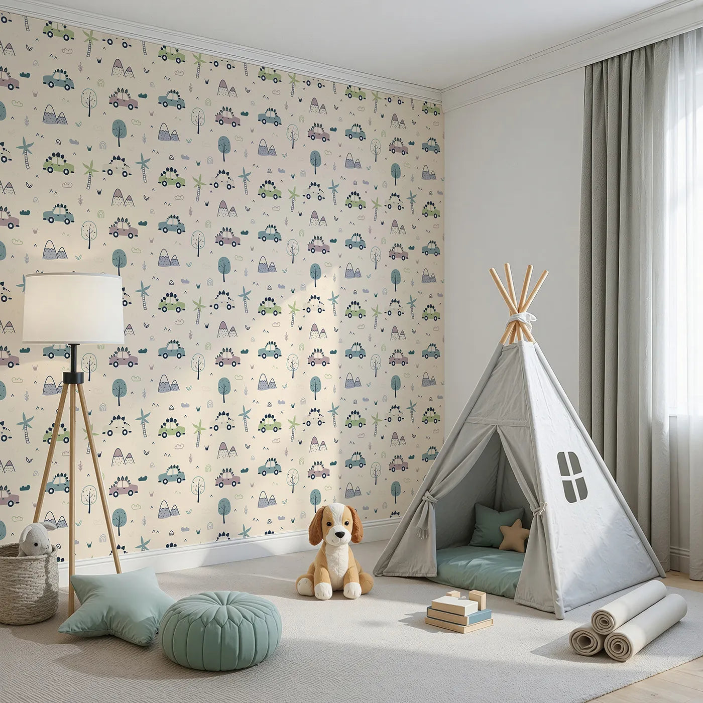 Angled view of Whimsy Tots' Dino Drivers Parade Wallpaper in Cream (W3491C).Spiky dinosaur cars cruise across a gentle cream landscape.