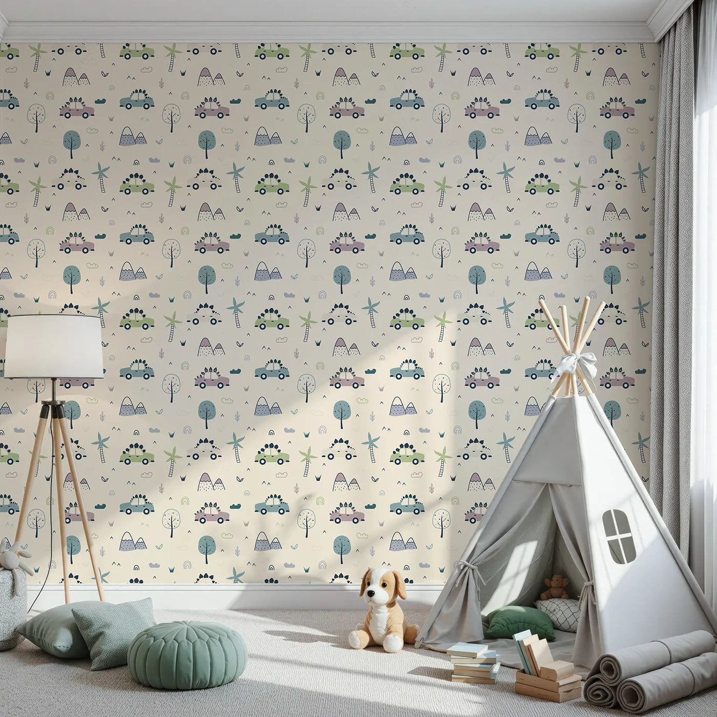 Front view of Whimsy Tots' Dino Drivers Parade Wallpaper in Cream