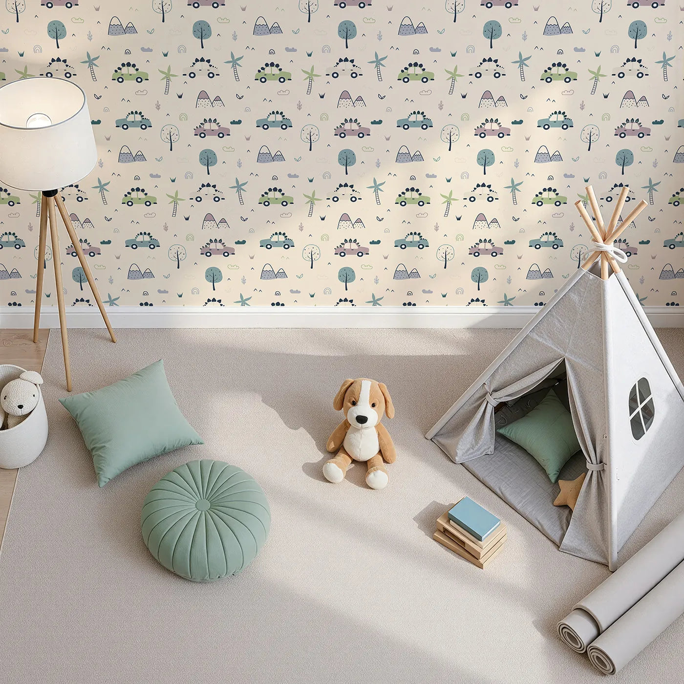 Top-Down view of Whimsy Tots' Dino Drivers Parade Wallpaper in Cream (W3491C).Spiky dinosaur cars cruise across a gentle cream landscape.