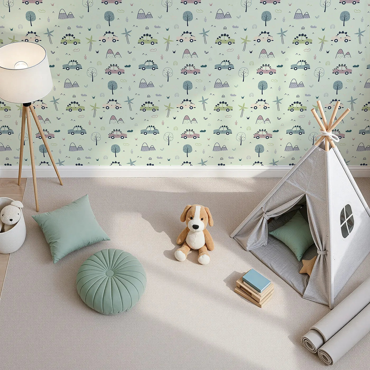 Top-Down view of Whimsy Tots' Dino Drivers Parade Wallpaper in Mint Green (W3491D).Spiny dino cars zoom beneath minty skies and playful trees.