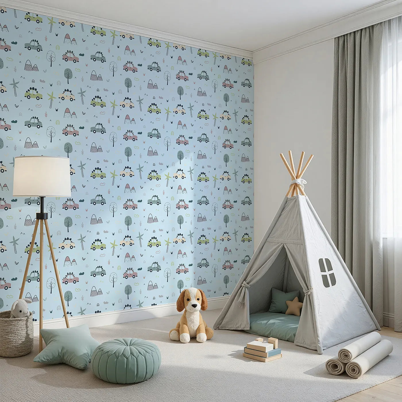 Angled view of Whimsy Tots' Dino Drivers Parade Wallpaper in Sky Blue (W3491E).Cars with dino spikes cruise through a cheerful sky blue world.