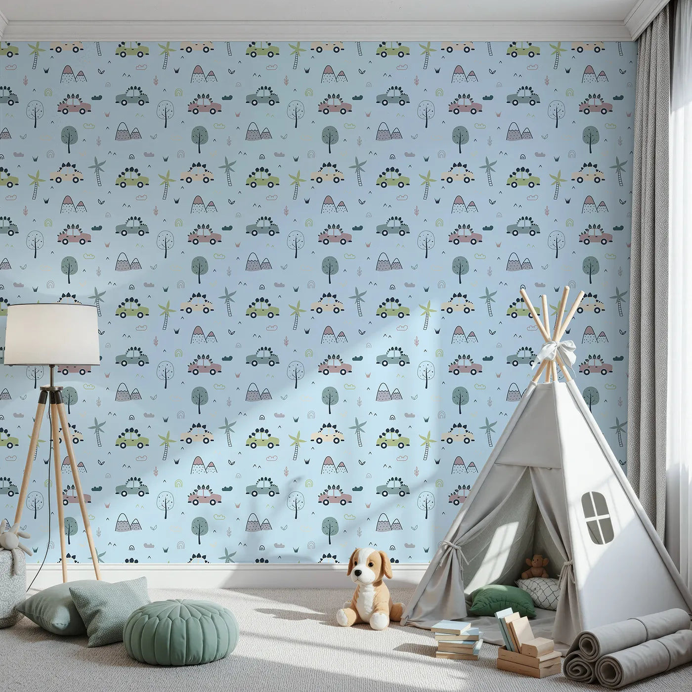 Front view of Whimsy Tots' Dino Drivers Parade Wallpaper in Sky Blue