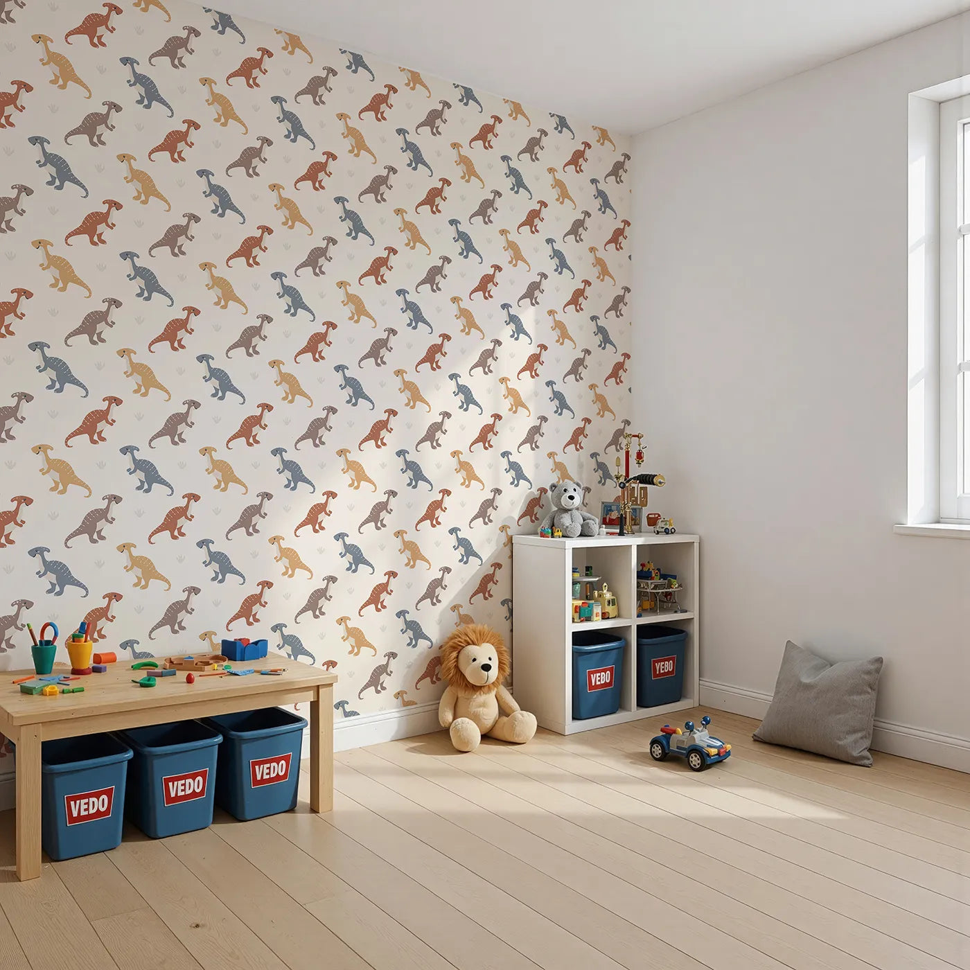 Angled view of Whimsy Tots' Gentle Dino Trek Wallpaper in Cream (W3492A).Friendly dinos stroll through a soft cream landscape.