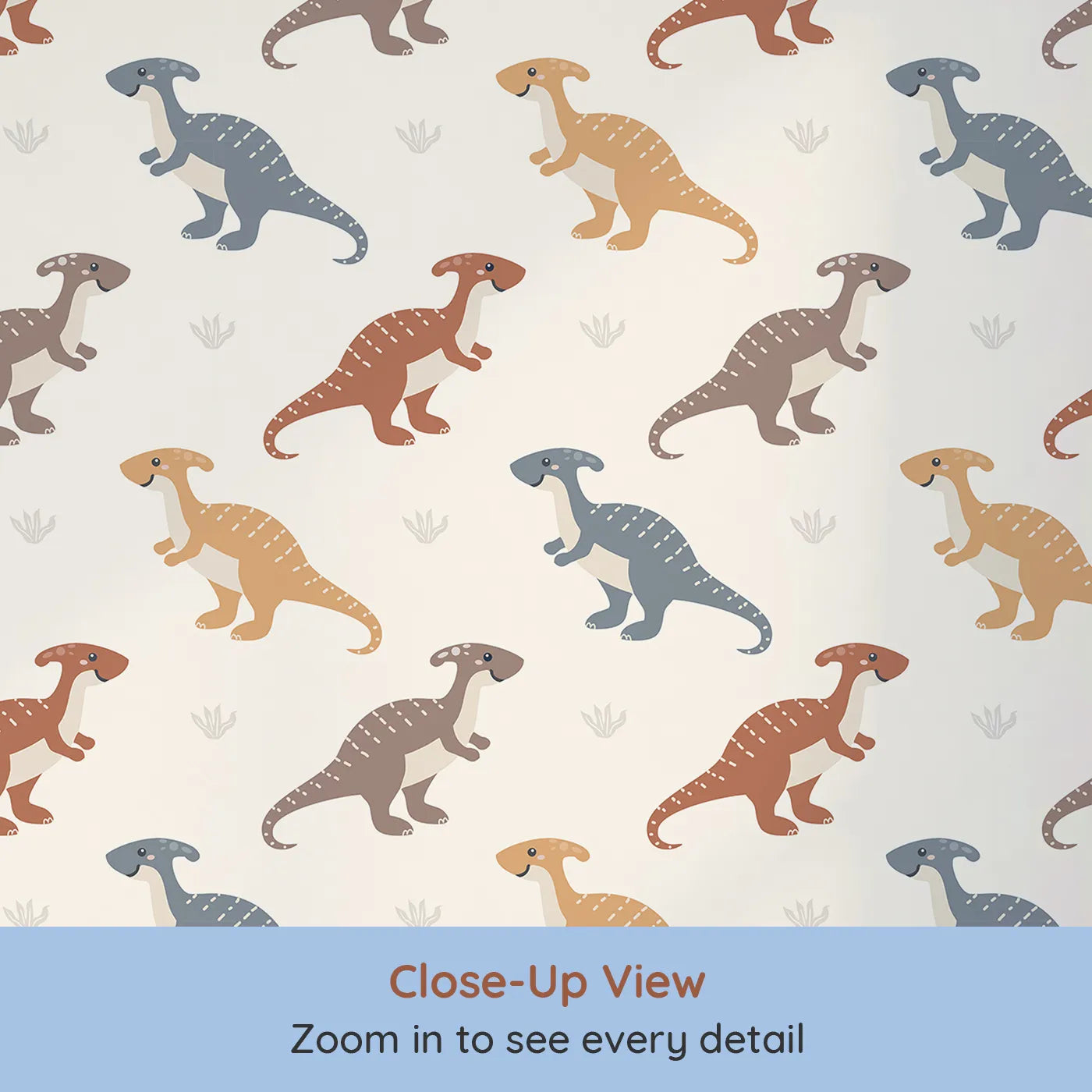 Close-up view of Whimsy Tots' Gentle Dino Trek Wallpaper in Cream (W3492A).Friendly dinos stroll through a soft cream landscape.