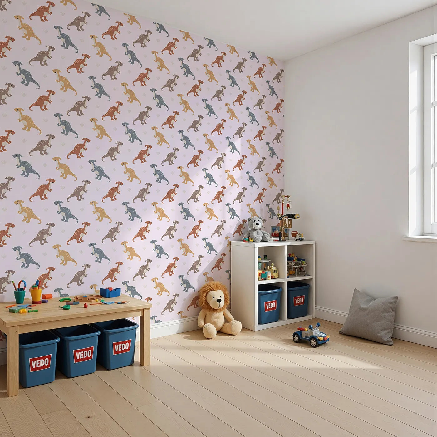 Angled view of Whimsy Tots' Gentle Dino Trek Wallpaper in Blush Pink (W3492B).Friendly dinos stroll through a soft blush‑pink landscape.