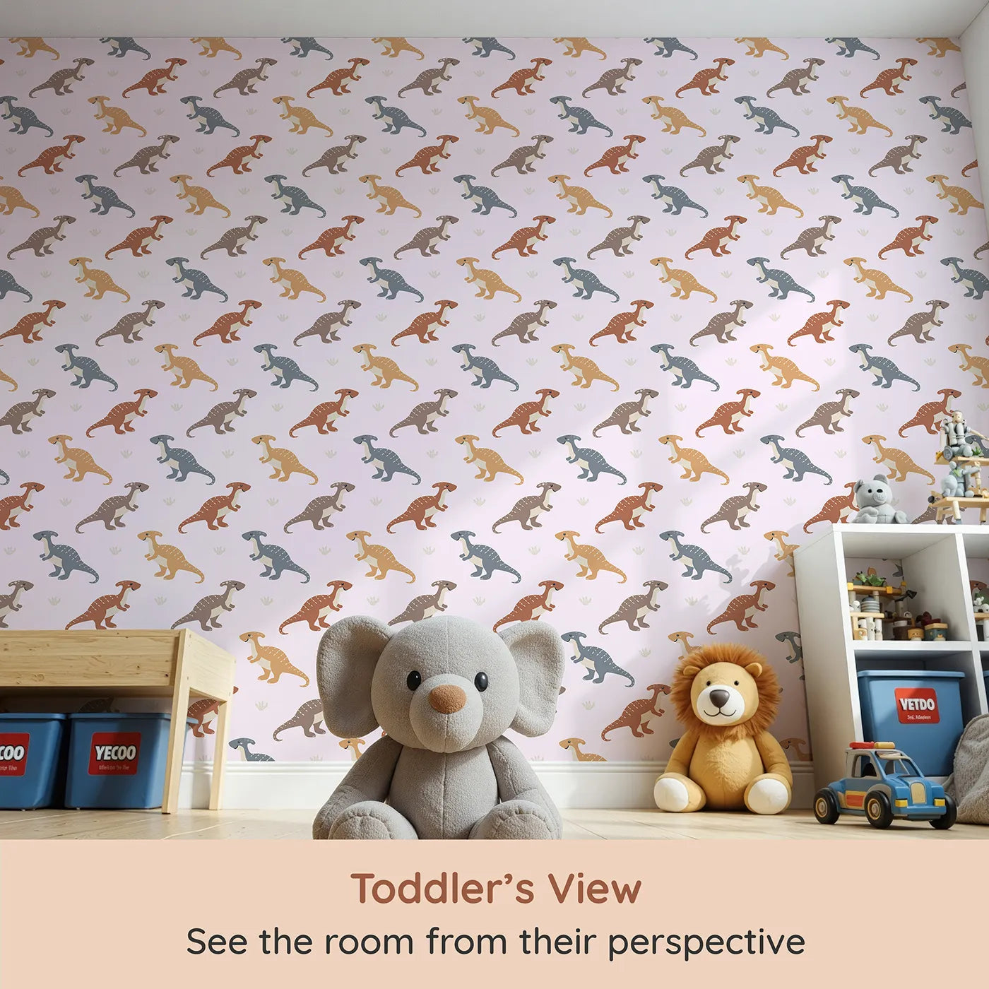 Whimsy Tots Gentle Dino Trek Wallpaper in Blush Pink (W3492B) from your child's view.Friendly dinos stroll through a soft blush‑pink landscape.
