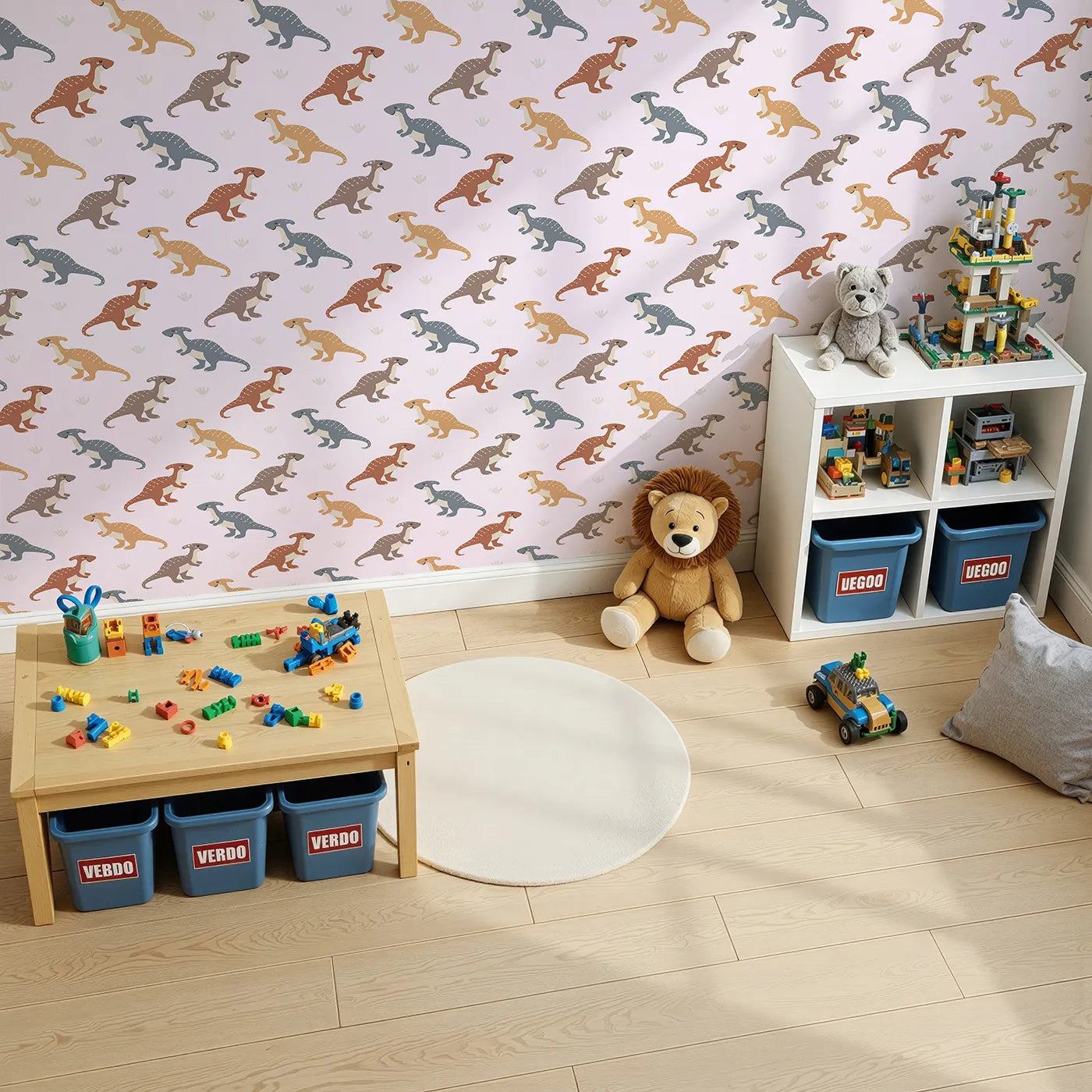 Top-Down view of Whimsy Tots' Gentle Dino Trek Wallpaper in Blush Pink (W3492B).Friendly dinos stroll through a soft blush‑pink landscape.