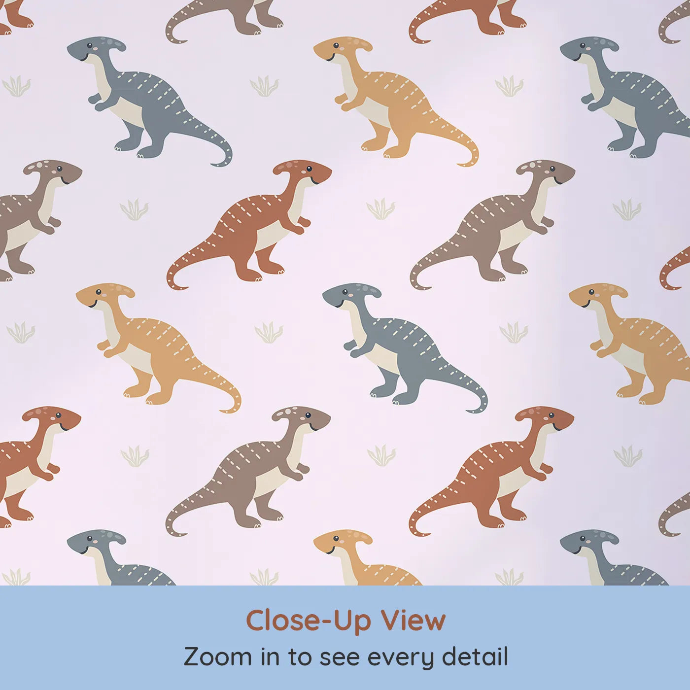 Close-up view of Whimsy Tots' Gentle Dino Trek Wallpaper in Blush Pink (W3492B).Friendly dinos stroll through a soft blush‑pink landscape.