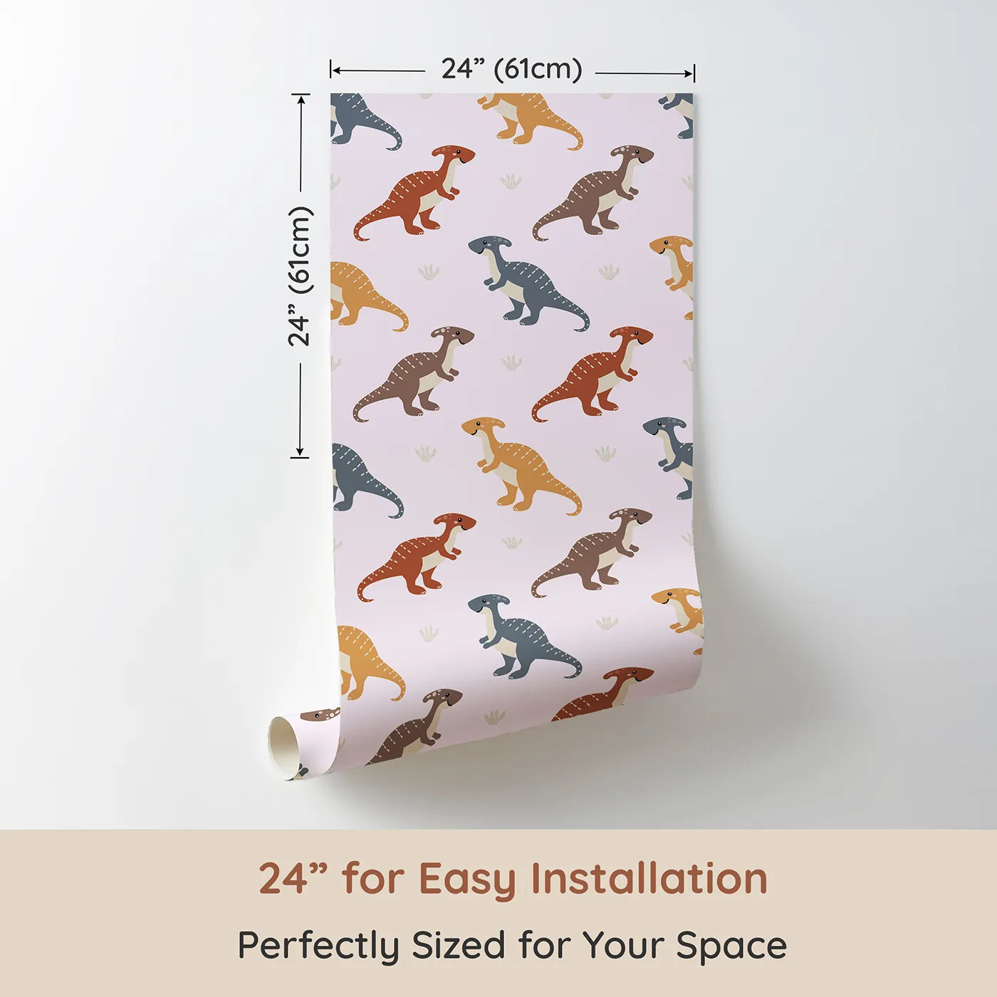 Dimension view of Whimsy Tots Gentle Dino Trek Wallpaper in Blush Pink (W3492B). Printed in 24-inch-wide panel for easy installation. Friendly dinos stroll through a soft blush‑pink landscape.