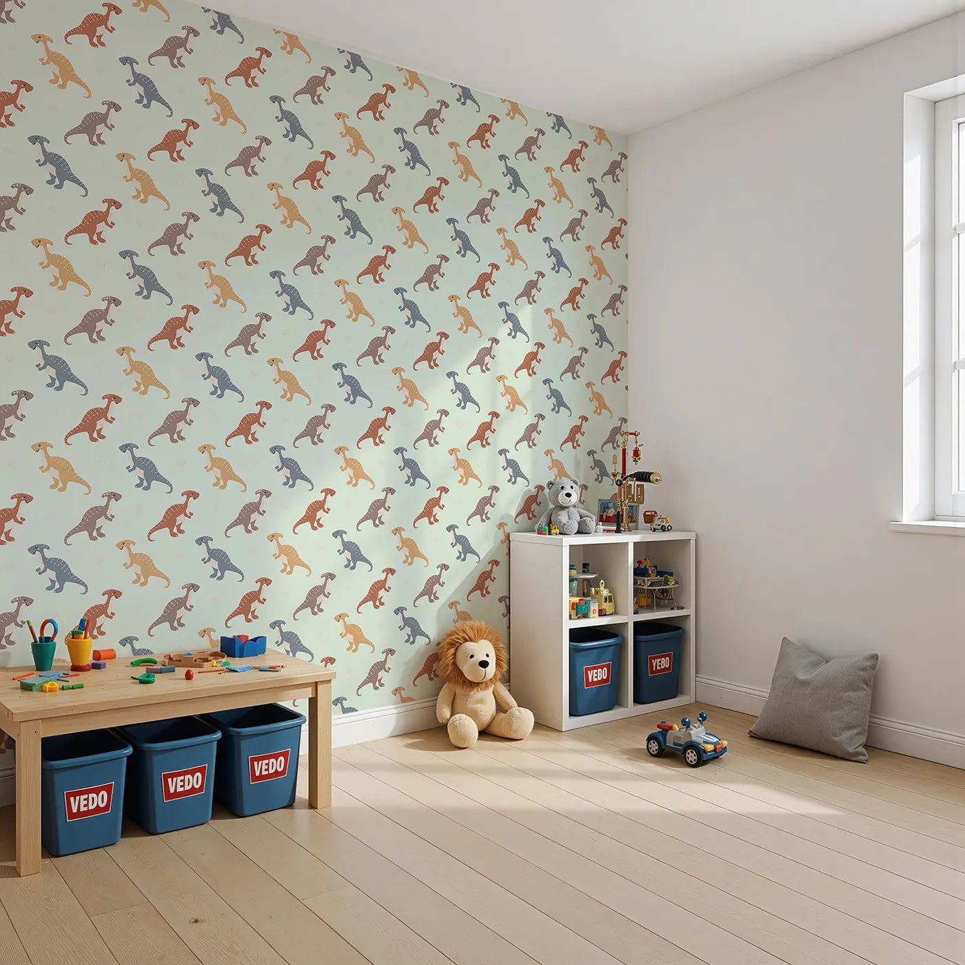 Angled view of Whimsy Tots' Gentle Dino Trek Wallpaper in Mint Green (W3492C).Friendly dinos stroll through a soft mint‑green landscape.