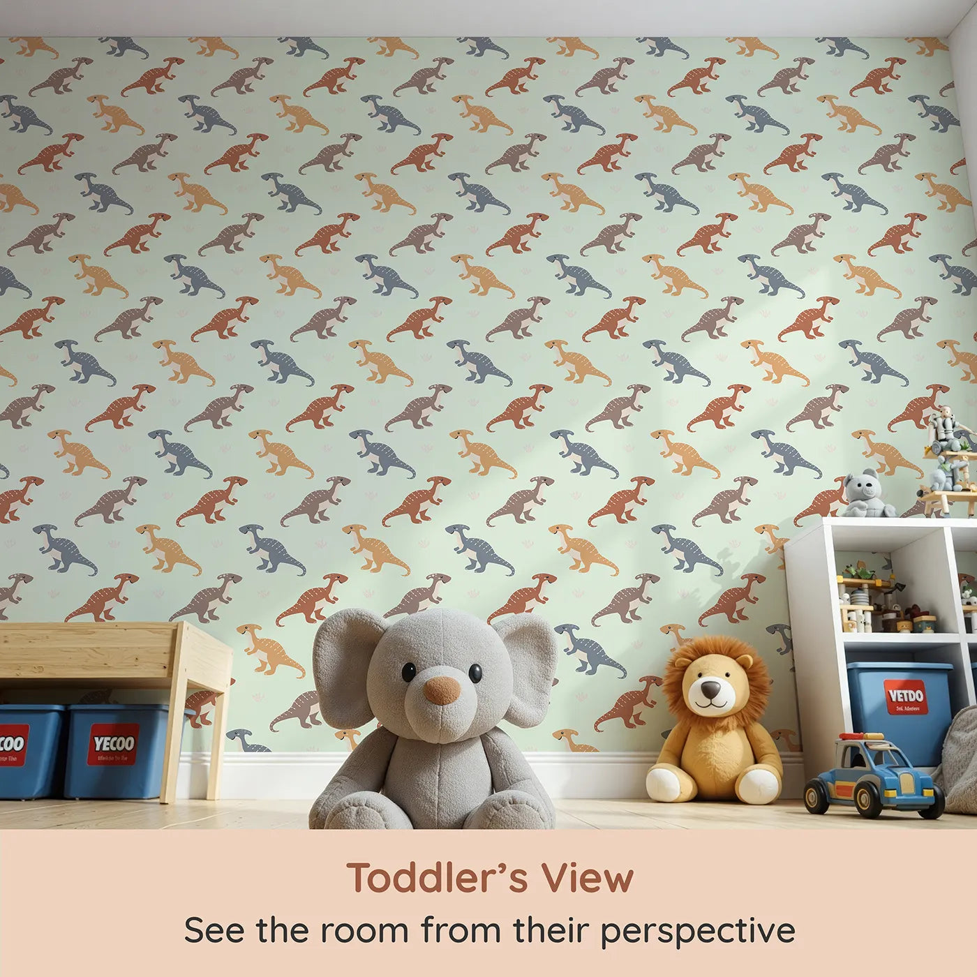 Whimsy Tots Gentle Dino Trek Wallpaper in Mint Green (W3492C) from your child's view.Friendly dinos stroll through a soft mint‑green landscape.