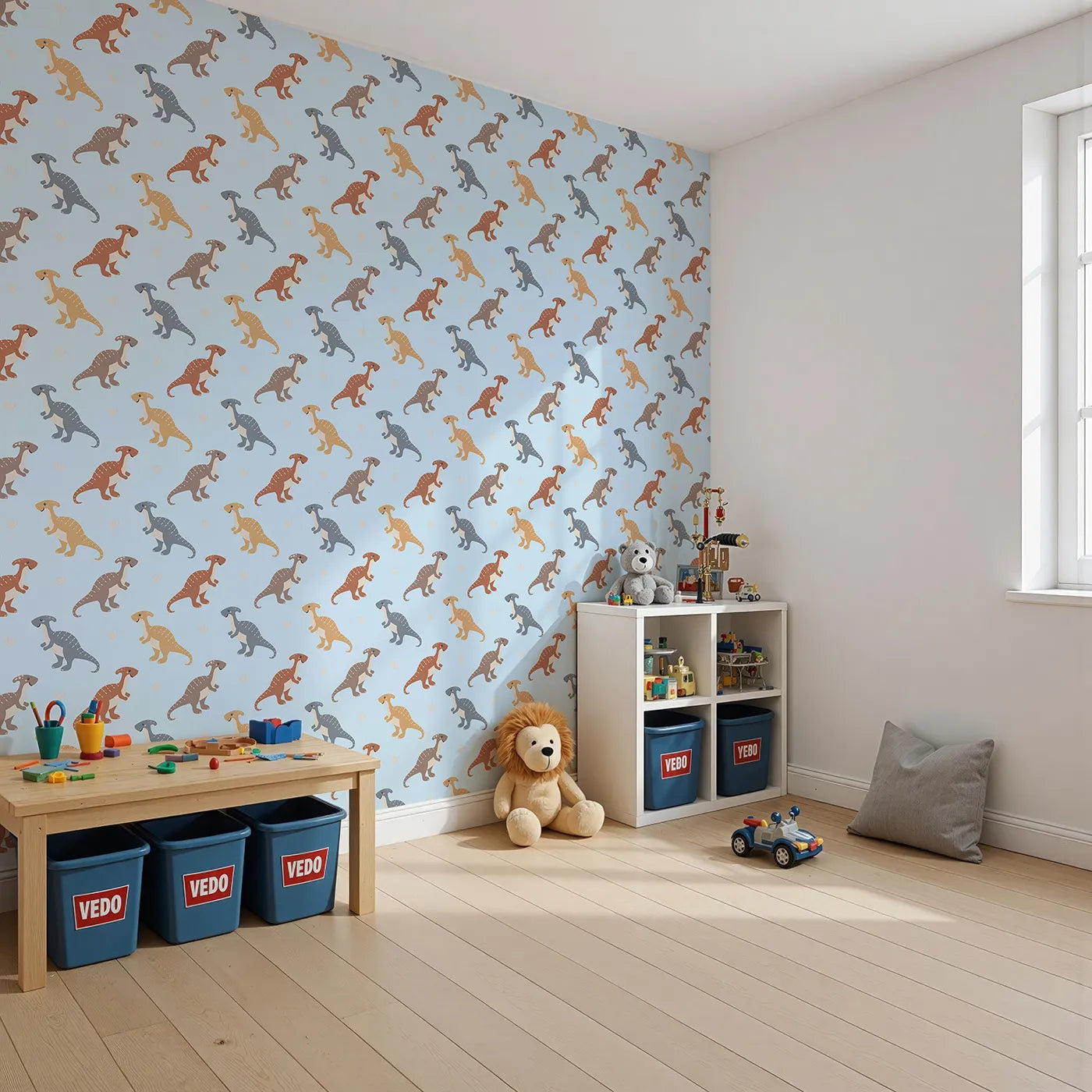 Angled view of Whimsy Tots' Gentle Dino Trek Wallpaper in Sky Blue (W3492D).Friendly dinos stroll through a soft sky‑blue landscape.