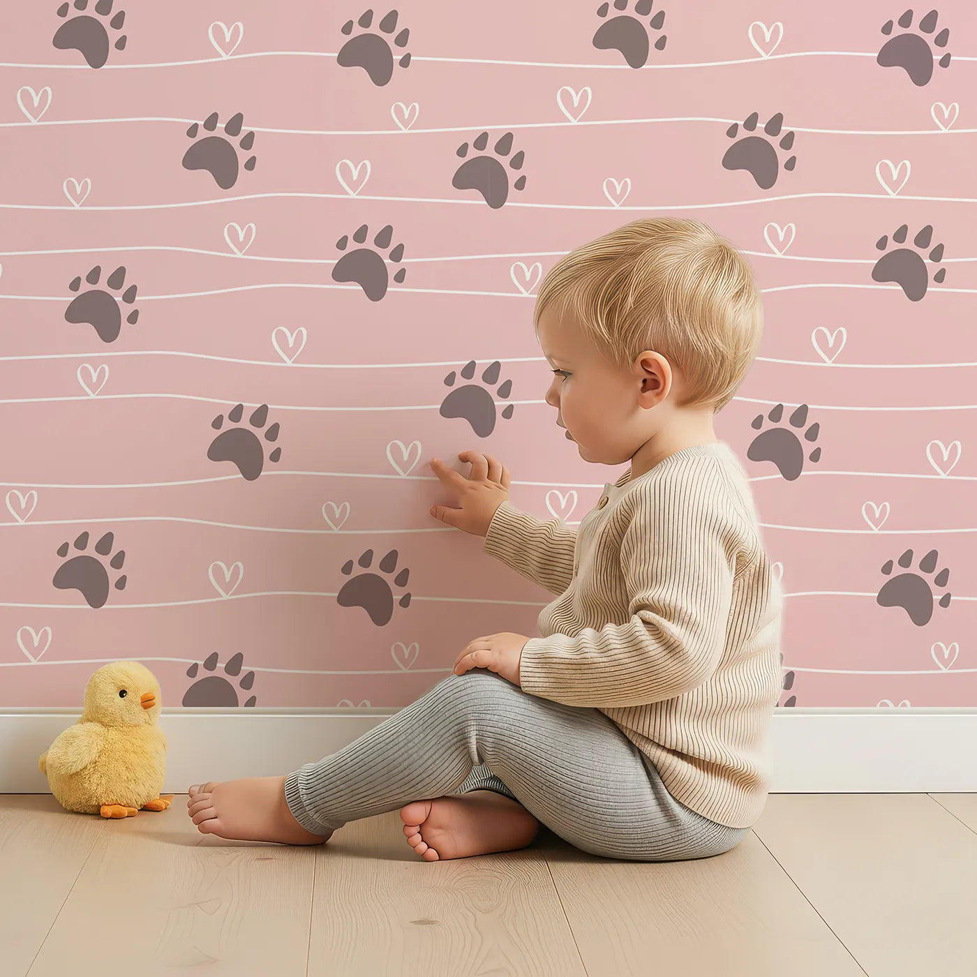Lovely child standing in front of Whimsy Tots Bear Hug Trail Wallpaper in Petal Pink with bear, paw print, heart, line in design.