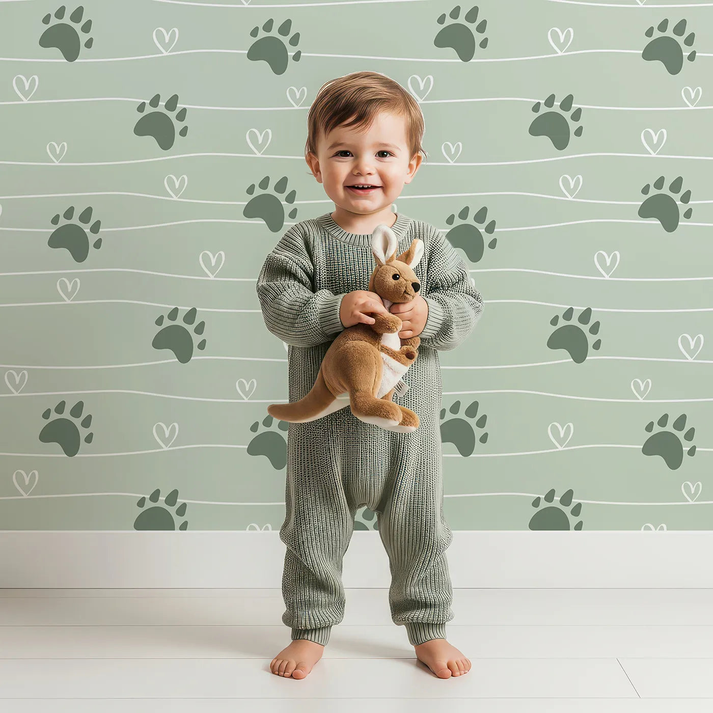 Lovely child standing in front of Whimsy Tots Bear Hug Trail Wallpaper in Sage Green with bear, paw print, heart, line in design.