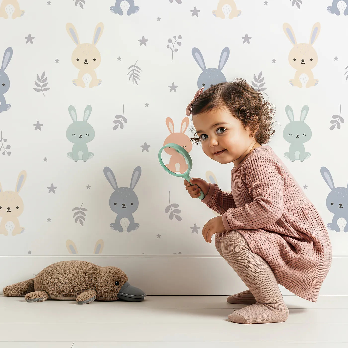 Lovely child standing in front of Whimsy Tots Bunny Meadow Friends Wallpaper in Soft Neutrals with rabbit, leaf, star, bunny in design.
