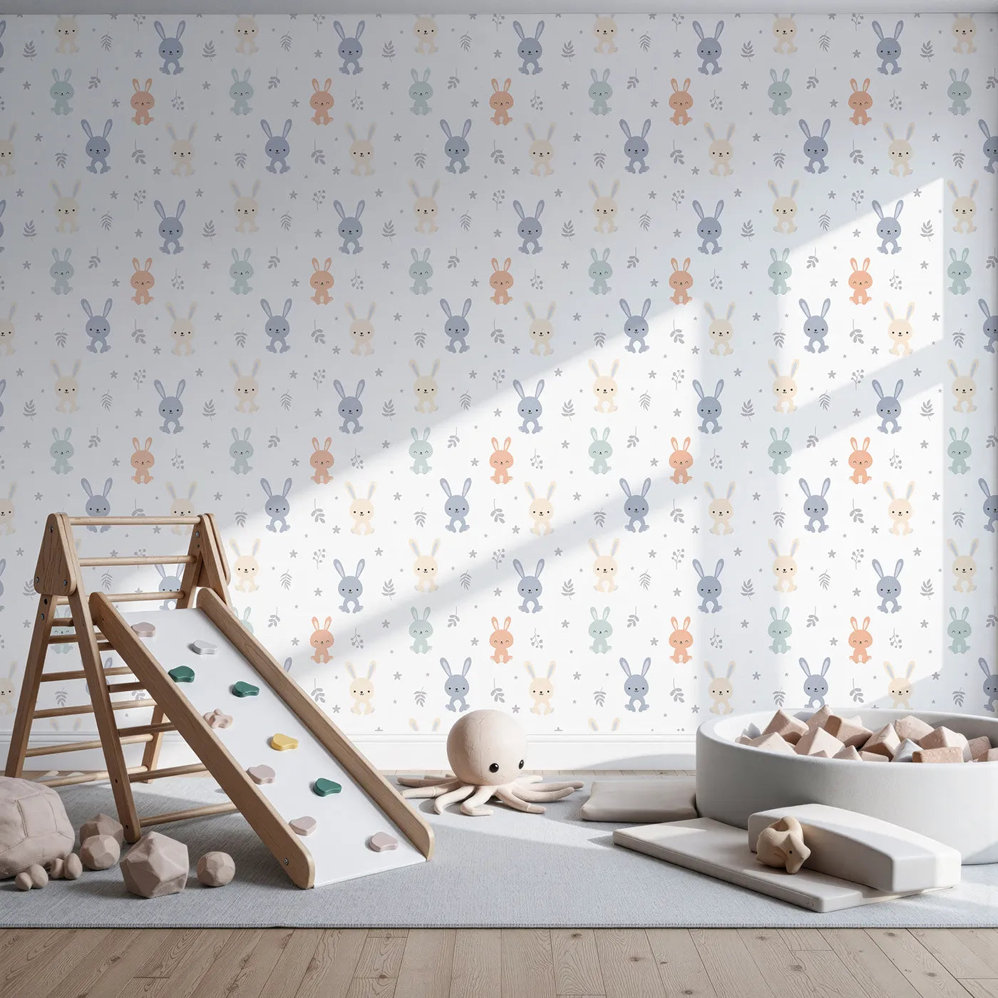 Front view of Whimsy Tots' Bunny Meadow Friends Wallpaper in Soft Neutrals