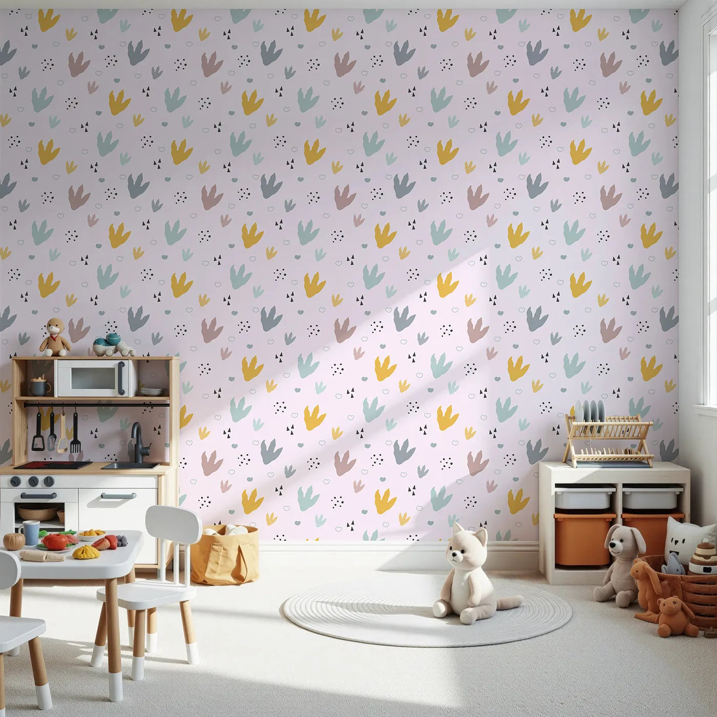 Front view of Whimsy Tots' Dino Stomp Parade Wallpaper in Blush Pink