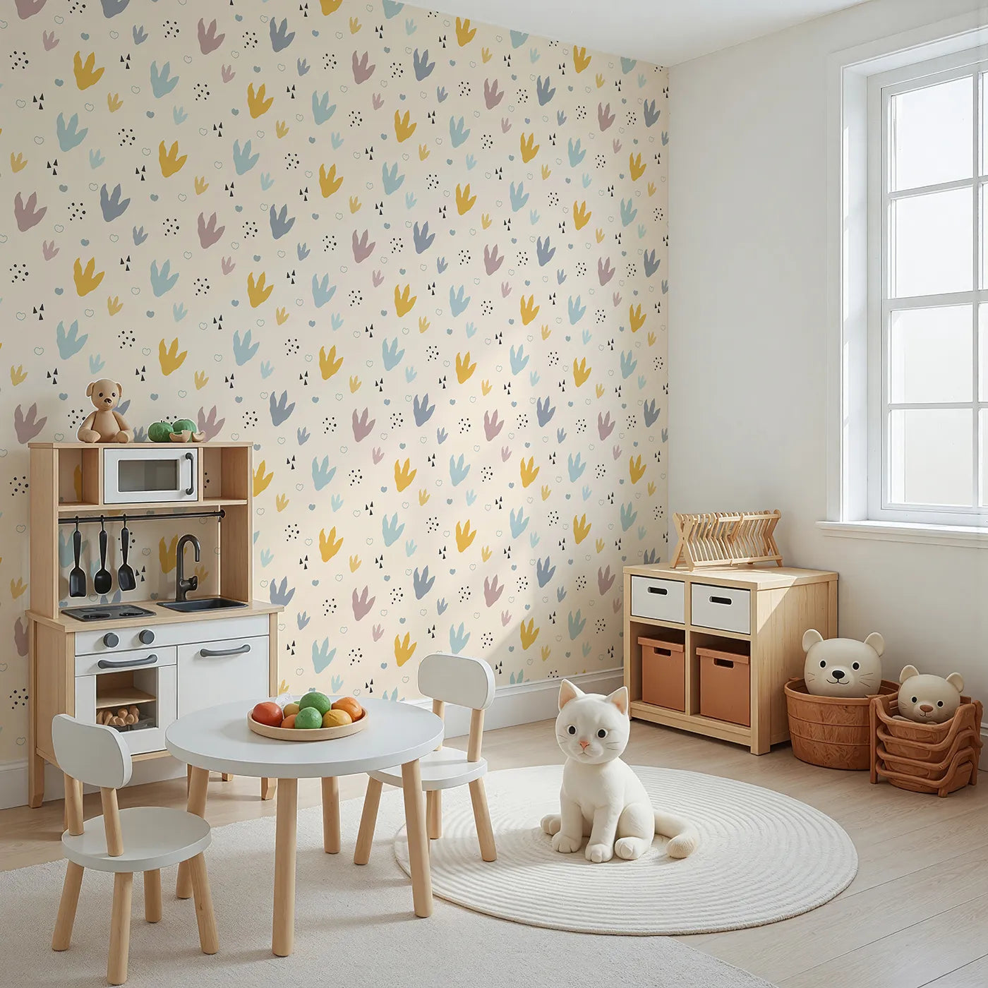 Angled view of Whimsy Tots' Dino Stomp Parade Wallpaper in Soft Sandstone (W3495C).Cheerful dinosaur footprints pop across a warm sandstone path.