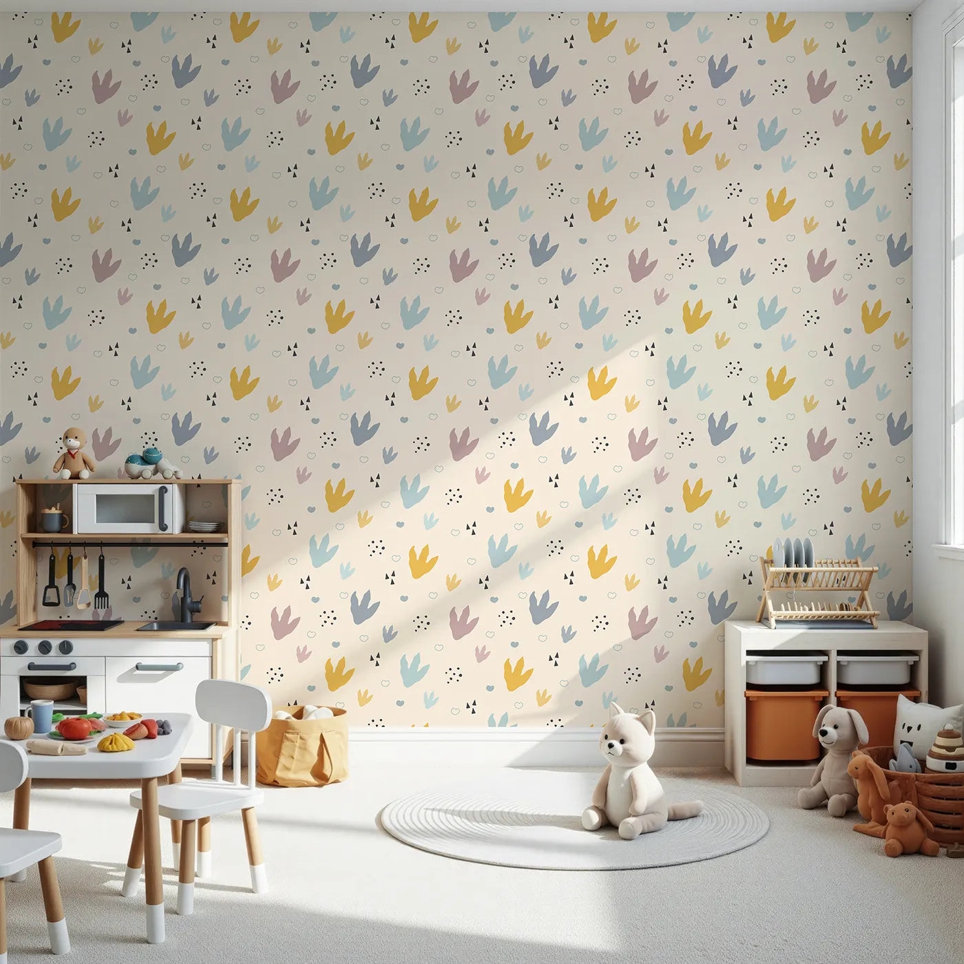 Front view of Whimsy Tots' Dino Stomp Parade Wallpaper in Soft Sandstone