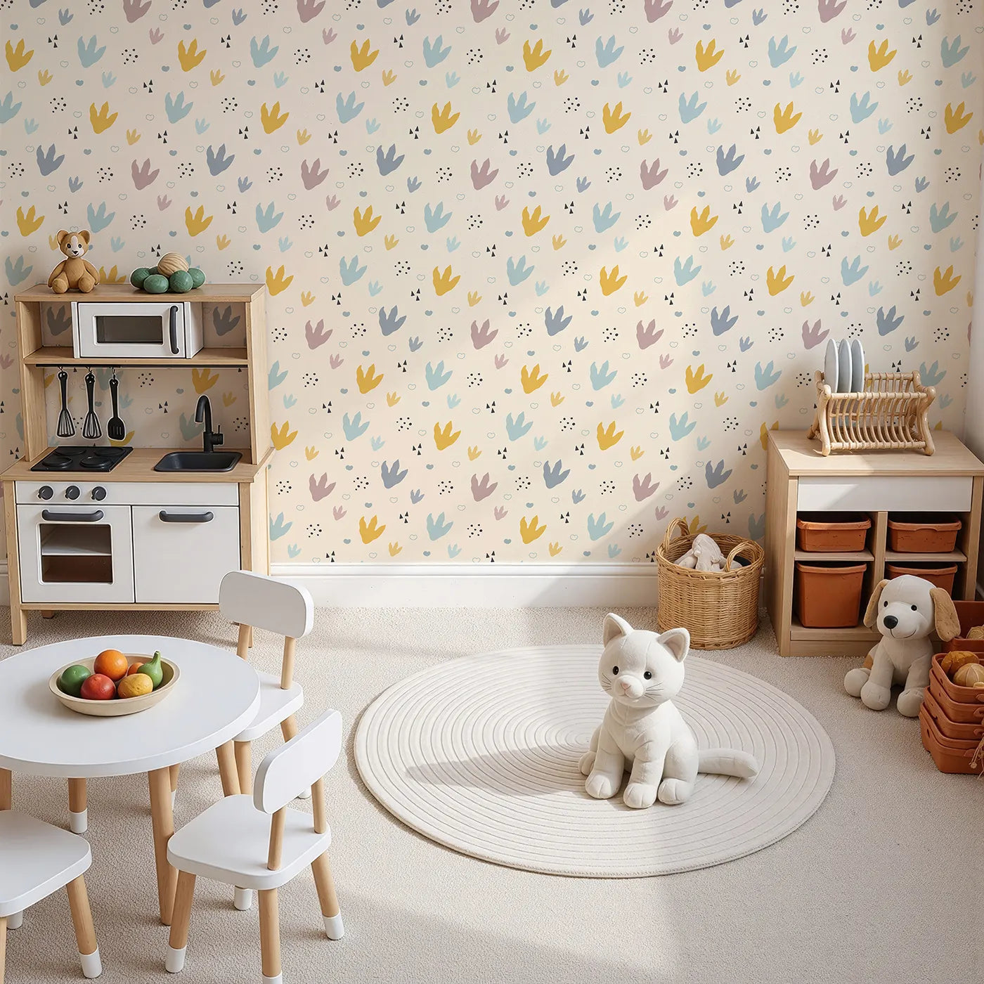 Top-Down view of Whimsy Tots' Dino Stomp Parade Wallpaper in Soft Sandstone (W3495C).Cheerful dinosaur footprints pop across a warm sandstone path.