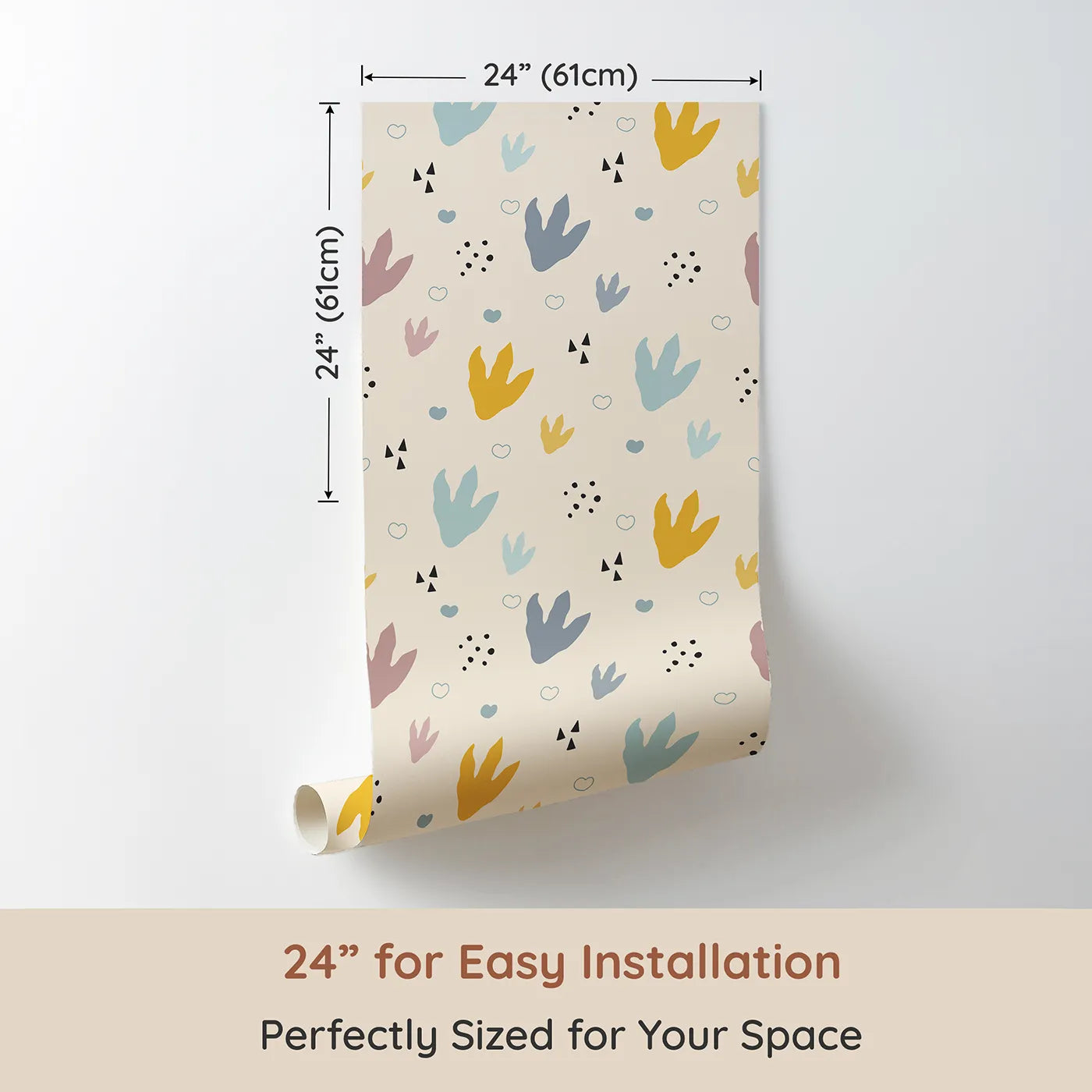 Dimension view of Whimsy Tots Dino Stomp Parade Wallpaper in Soft Sandstone (W3495C). Printed in 24-inch-wide panel for easy installation. Cheerful dinosaur footprints pop across a warm sandstone path.