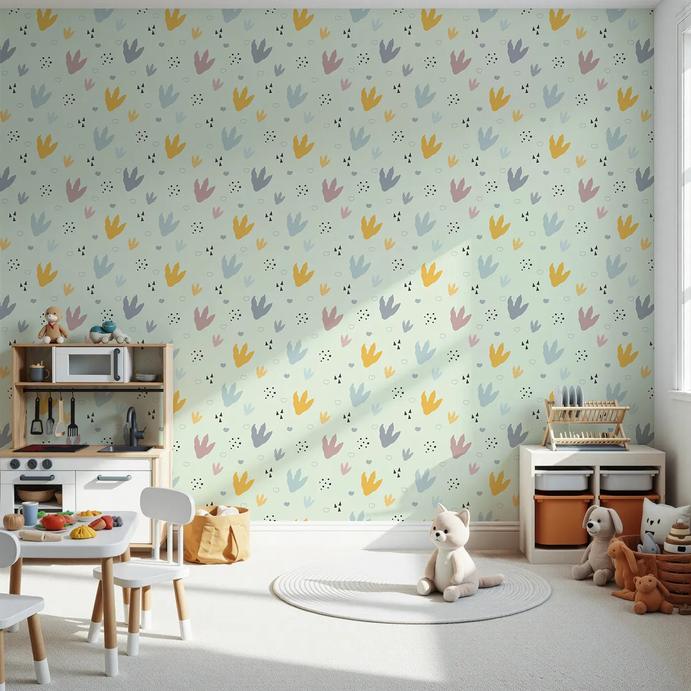 Front view of Whimsy Tots' Dino Stomp Parade Wallpaper in Mint Green