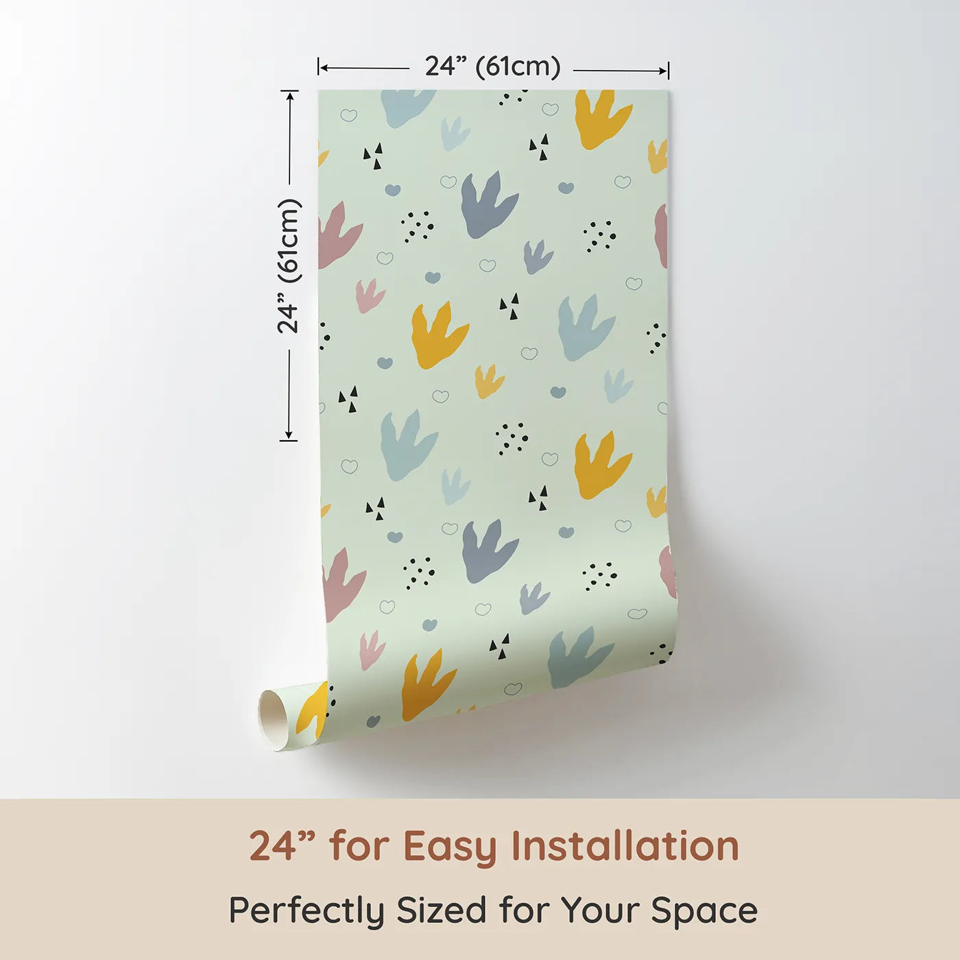 Dimension view of Whimsy Tots Dino Stomp Parade Wallpaper in Mint Green (W3495D). Printed in 24-inch-wide panel for easy installation. Soft dinosaur prints dance across a playful mint green backdrop.
