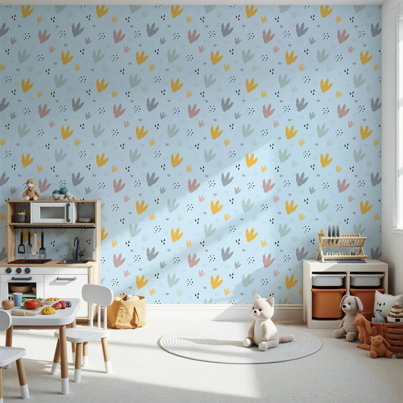 Front view of Whimsy Tots' Dino Stomp Parade Wallpaper in Sky Blue