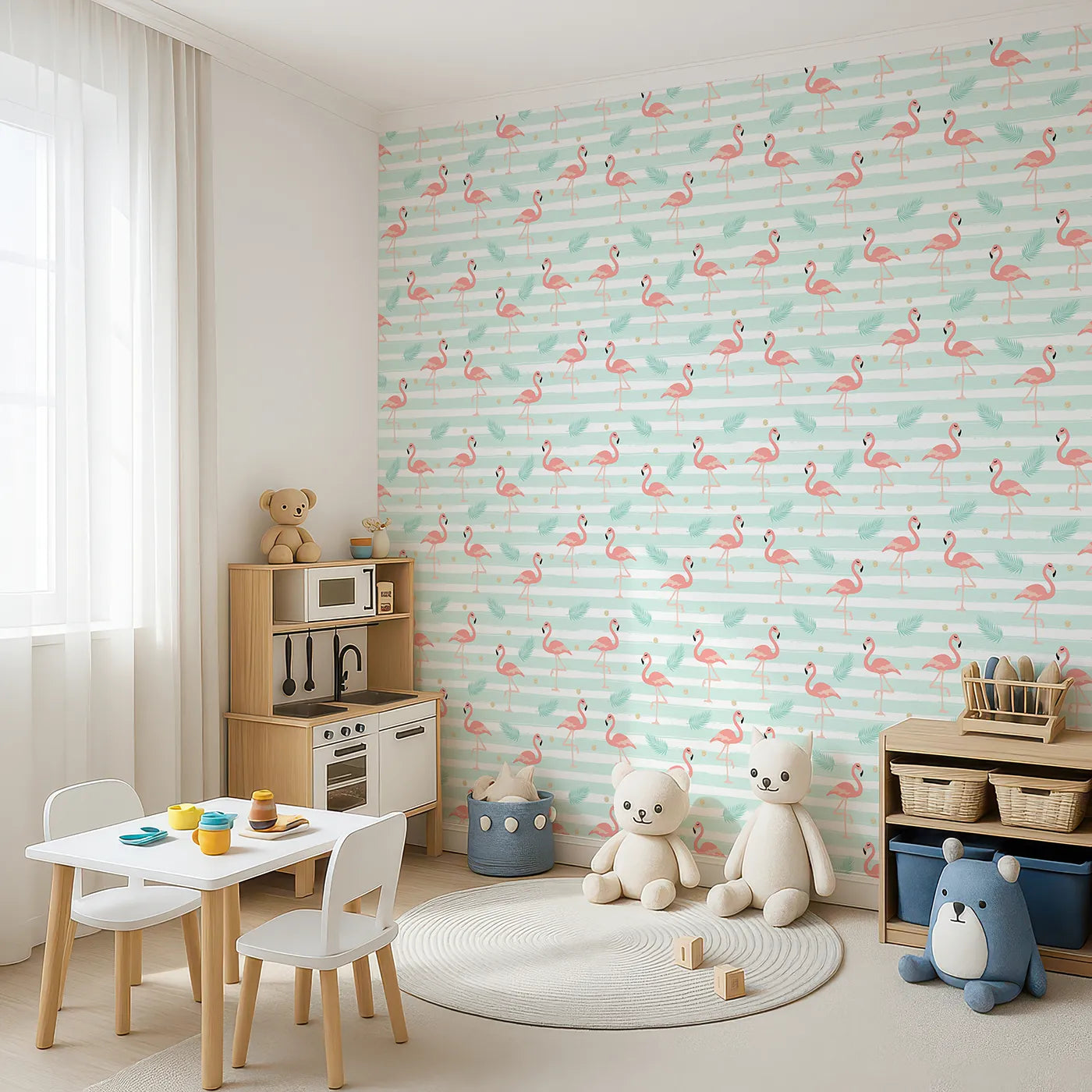 Angled view of Whimsy Tots' Flamingo Palm Parade Wallpaper in Mint Green (W3496).Playful flamingos strut between palm leaves and golden sparkle dots.